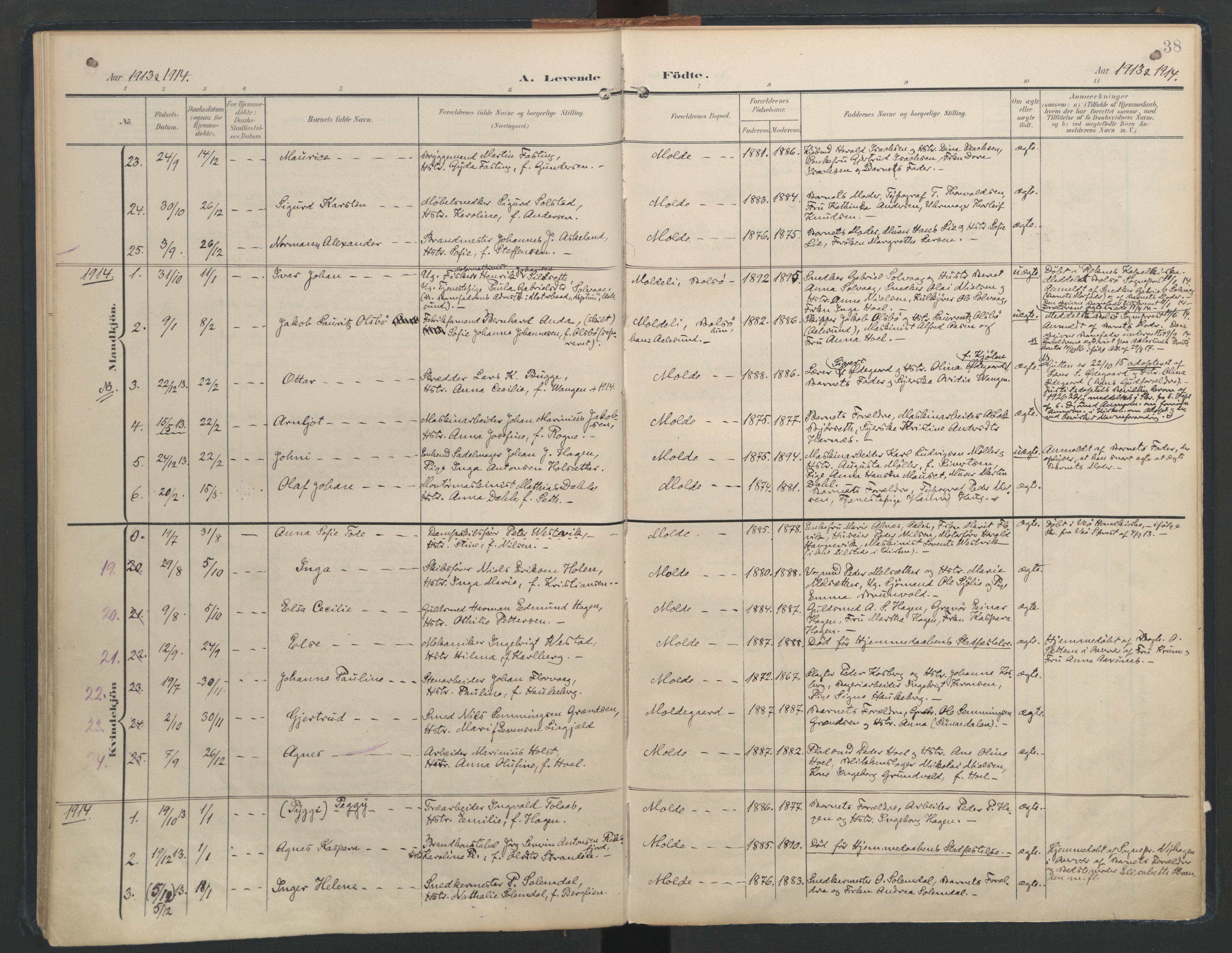 Ministerialprotokoller, klokkerbøker og fødselsregistre - Møre og Romsdal, SAT/A-1454/558/L0693: Parish register (official) no. 558A07, 1903-1917, p. 38