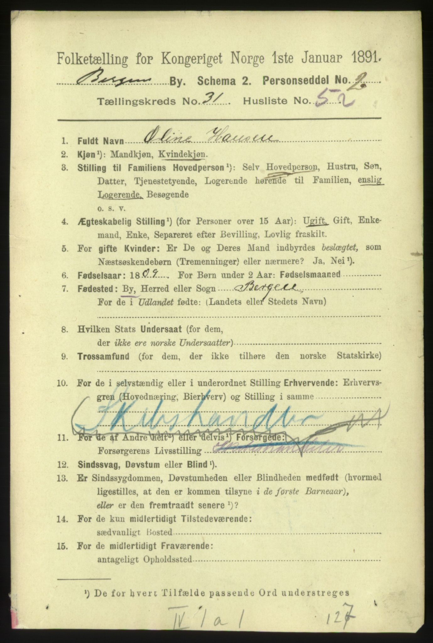 RA, 1891 Census for 1301 Bergen, 1891, p. 38836