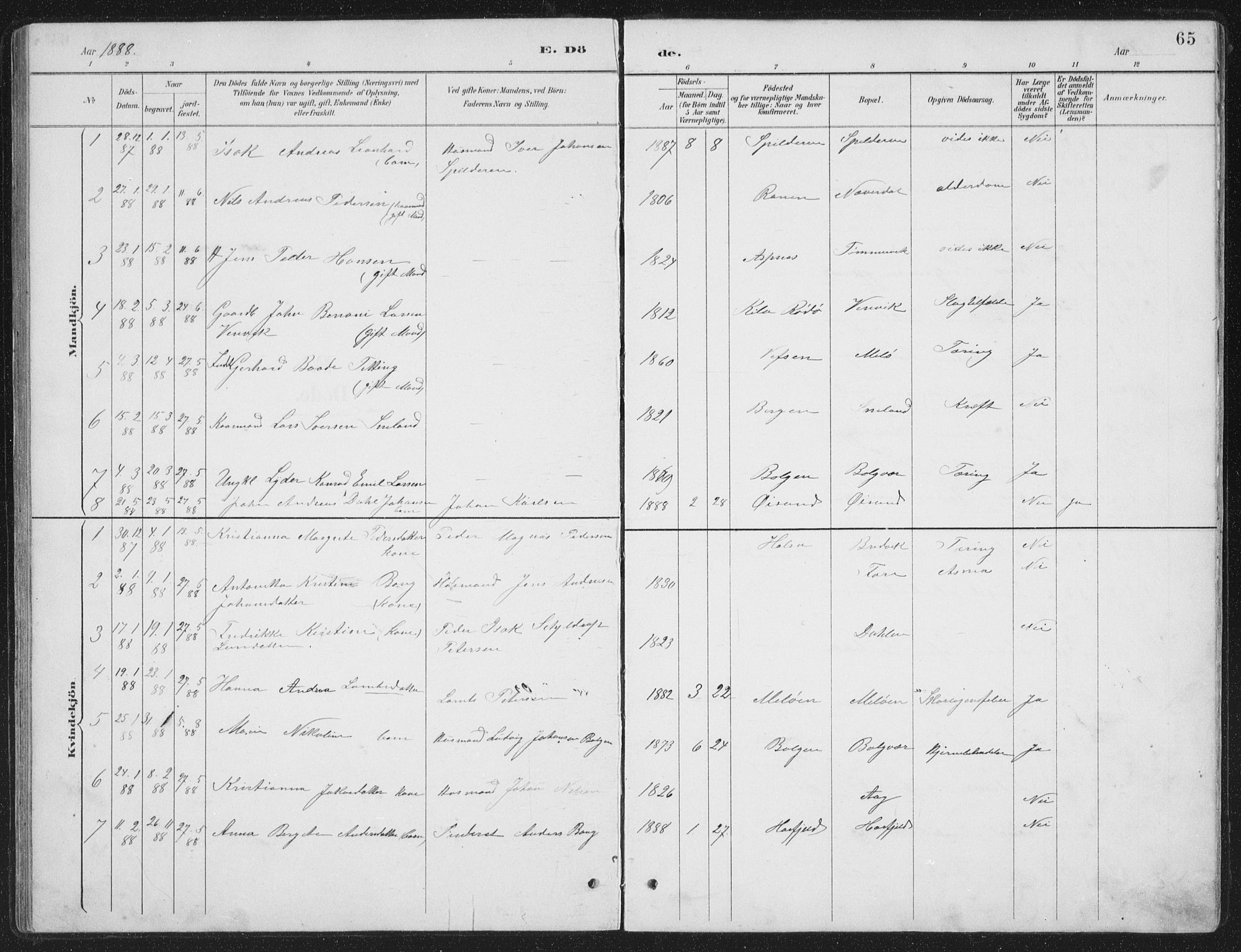 Ministerialprotokoller, klokkerbøker og fødselsregistre - Nordland, SAT/A-1459/843/L0638: Parish register (copy) no. 843C07, 1888-1907, p. 65