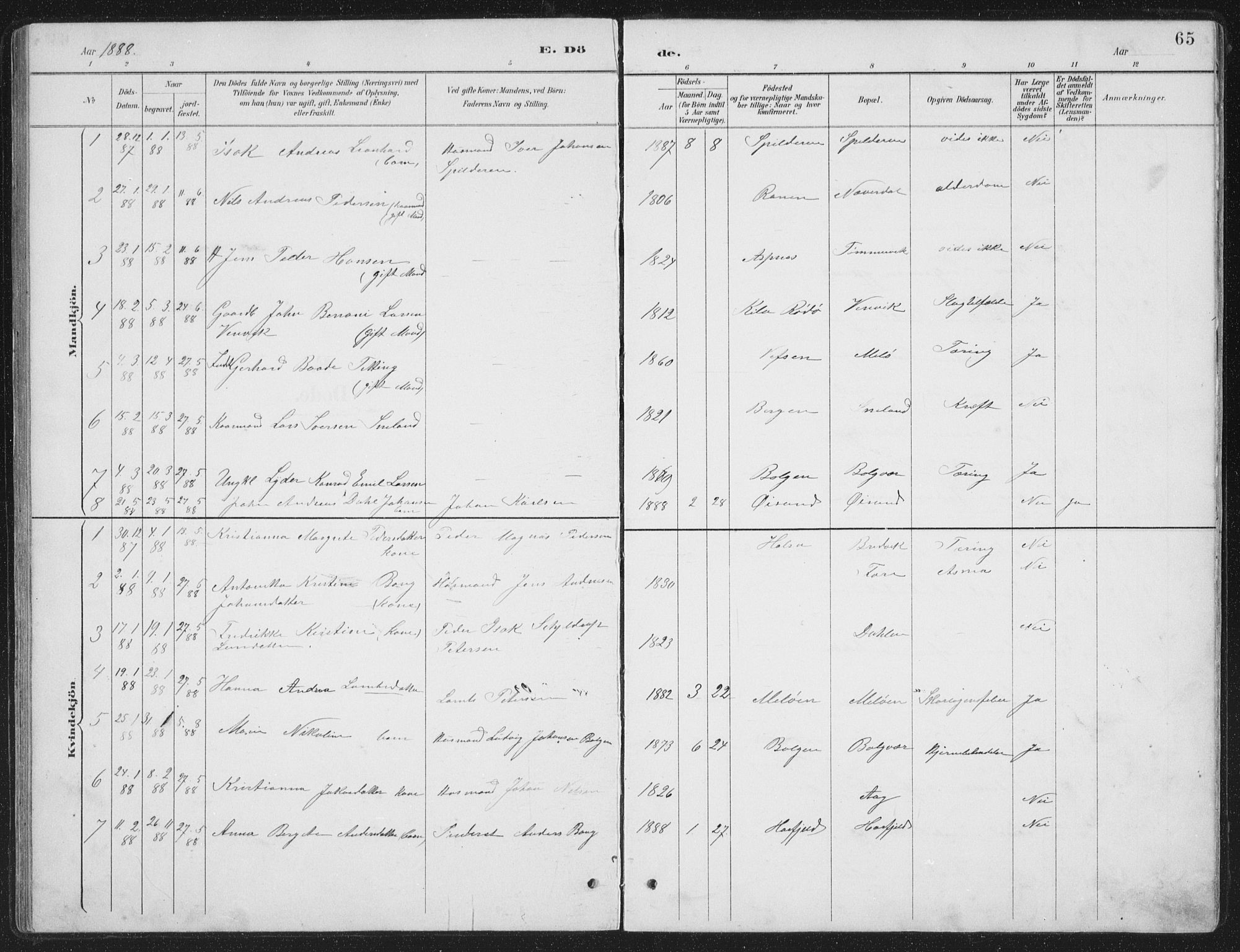 Ministerialprotokoller, klokkerbøker og fødselsregistre - Nordland, AV/SAT-A-1459/843/L0638: Parish register (copy) no. 843C07, 1888-1907, p. 65