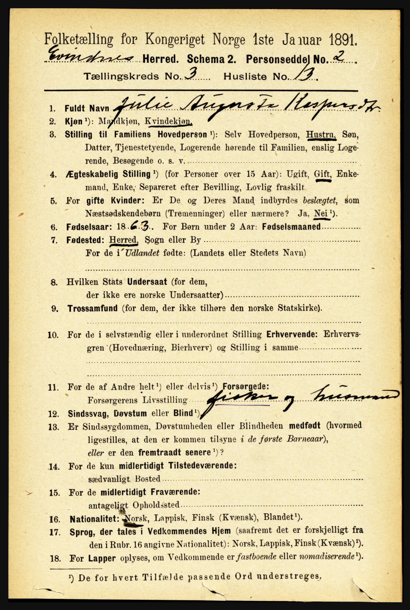 RA, 1891 census for 1853 Evenes, 1891, p. 845