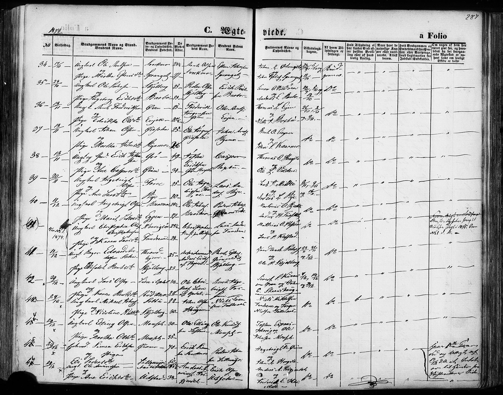 Ministerialprotokoller, klokkerbøker og fødselsregistre - Sør-Trøndelag, SAT/A-1456/668/L0807: Parish register (official) no. 668A07, 1870-1880, p. 287