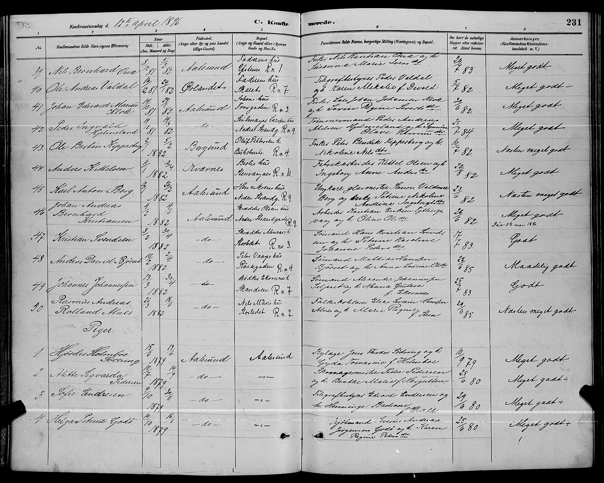 Ministerialprotokoller, klokkerbøker og fødselsregistre - Møre og Romsdal, AV/SAT-A-1454/529/L0467: Parish register (copy) no. 529C04, 1889-1897, p. 231