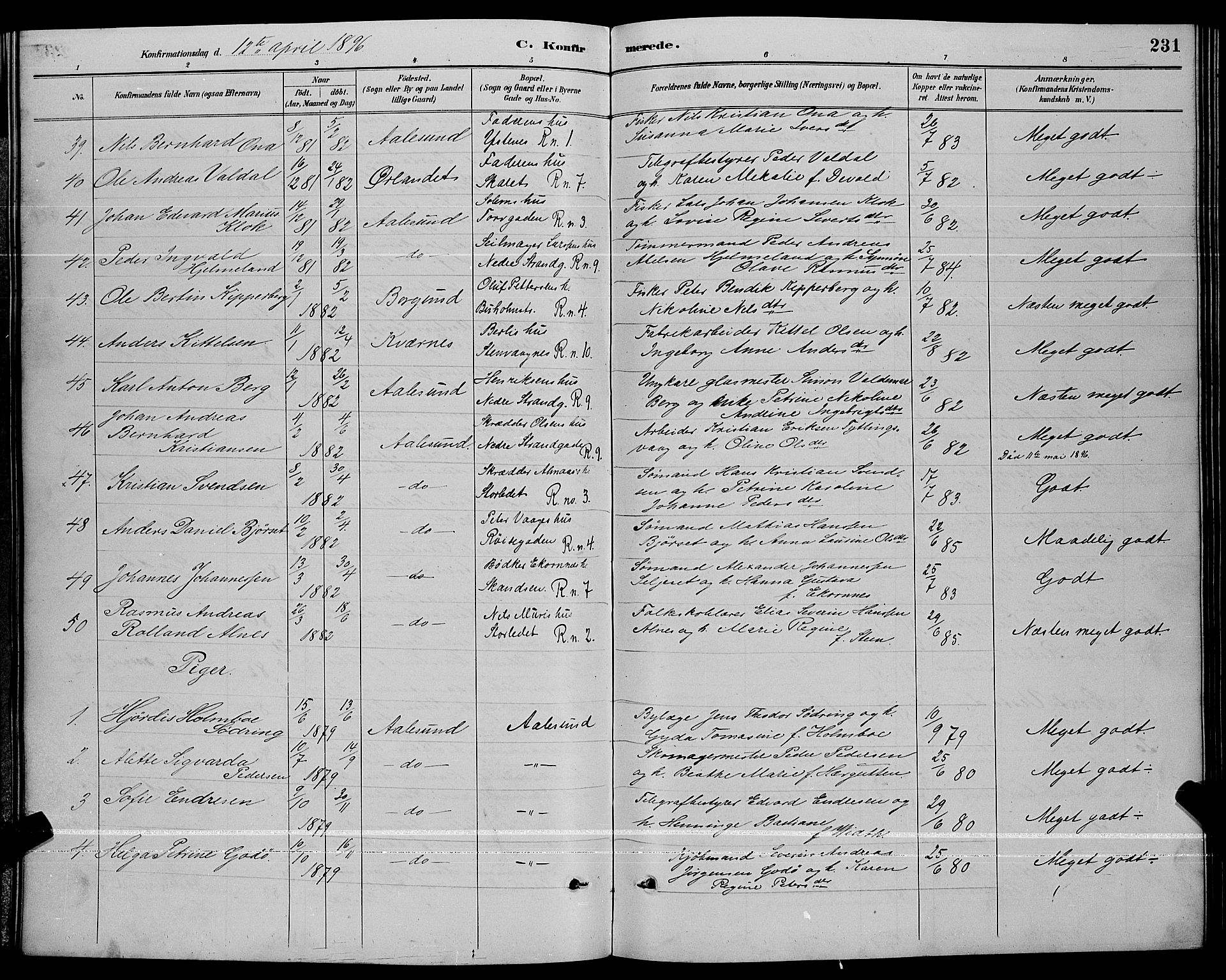 Ministerialprotokoller, klokkerbøker og fødselsregistre - Møre og Romsdal, AV/SAT-A-1454/529/L0467: Parish register (copy) no. 529C04, 1889-1897, p. 231