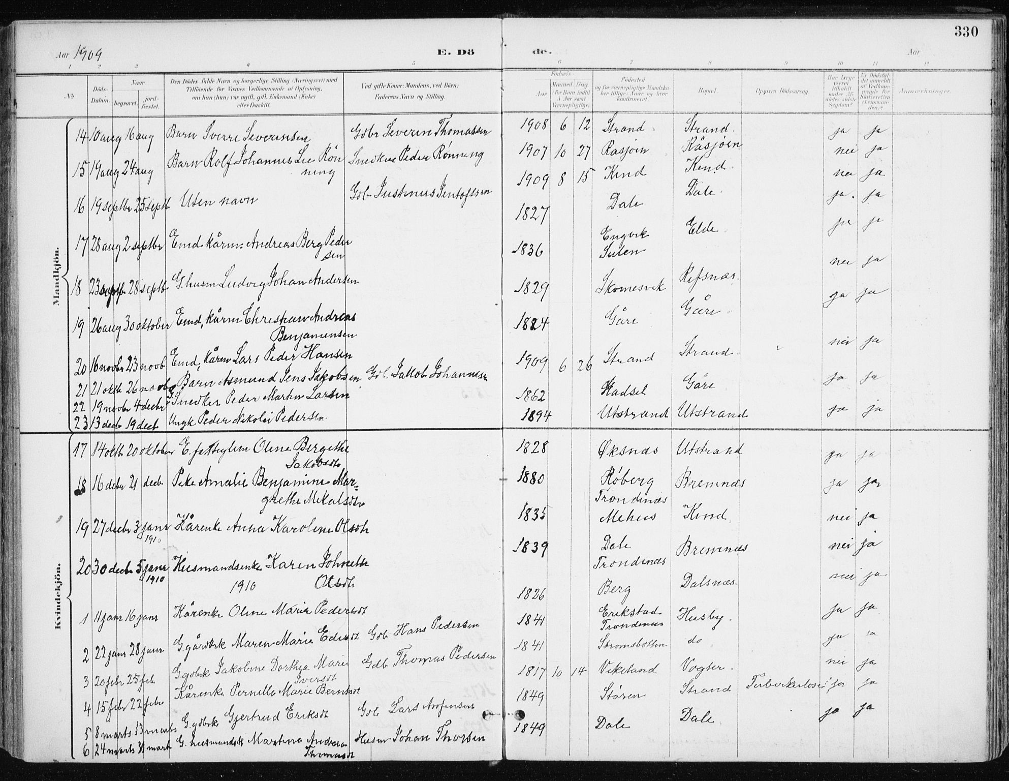 Kvæfjord sokneprestkontor, SATØ/S-1323/G/Ga/Gaa/L0006kirke: Parish register (official) no. 6, 1895-1914, p. 330