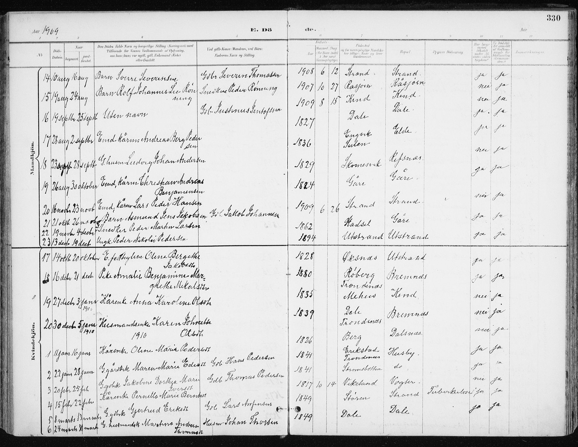 Kvæfjord sokneprestkontor, AV/SATØ-S-1323/G/Ga/Gaa/L0006kirke: Parish register (official) no. 6, 1895-1914, p. 330