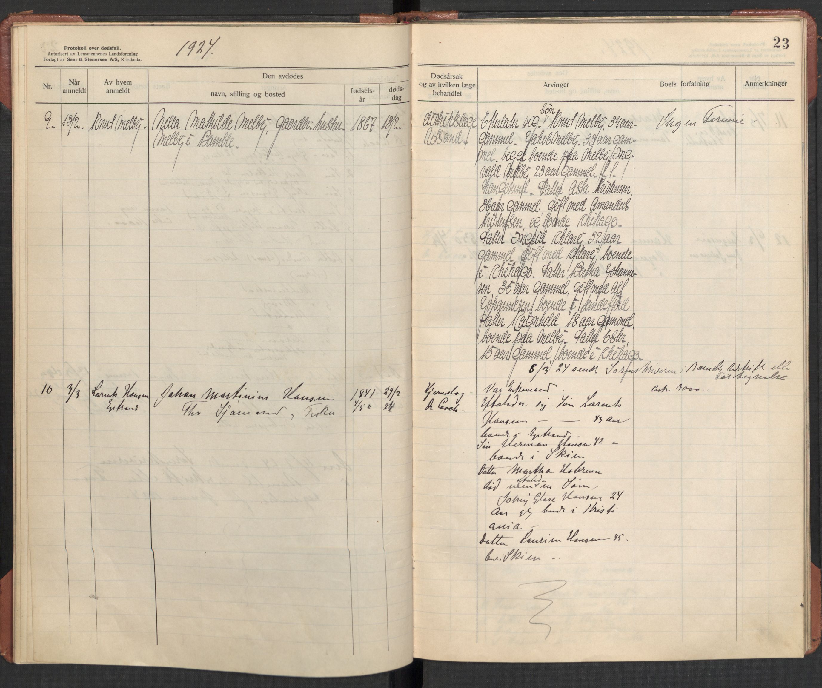 Bamble lensmannskontor, AV/SAKO-A-552/H/Ha/Haa/L0004: Dødsfallsprotokoll, 1923-1926, p. 23