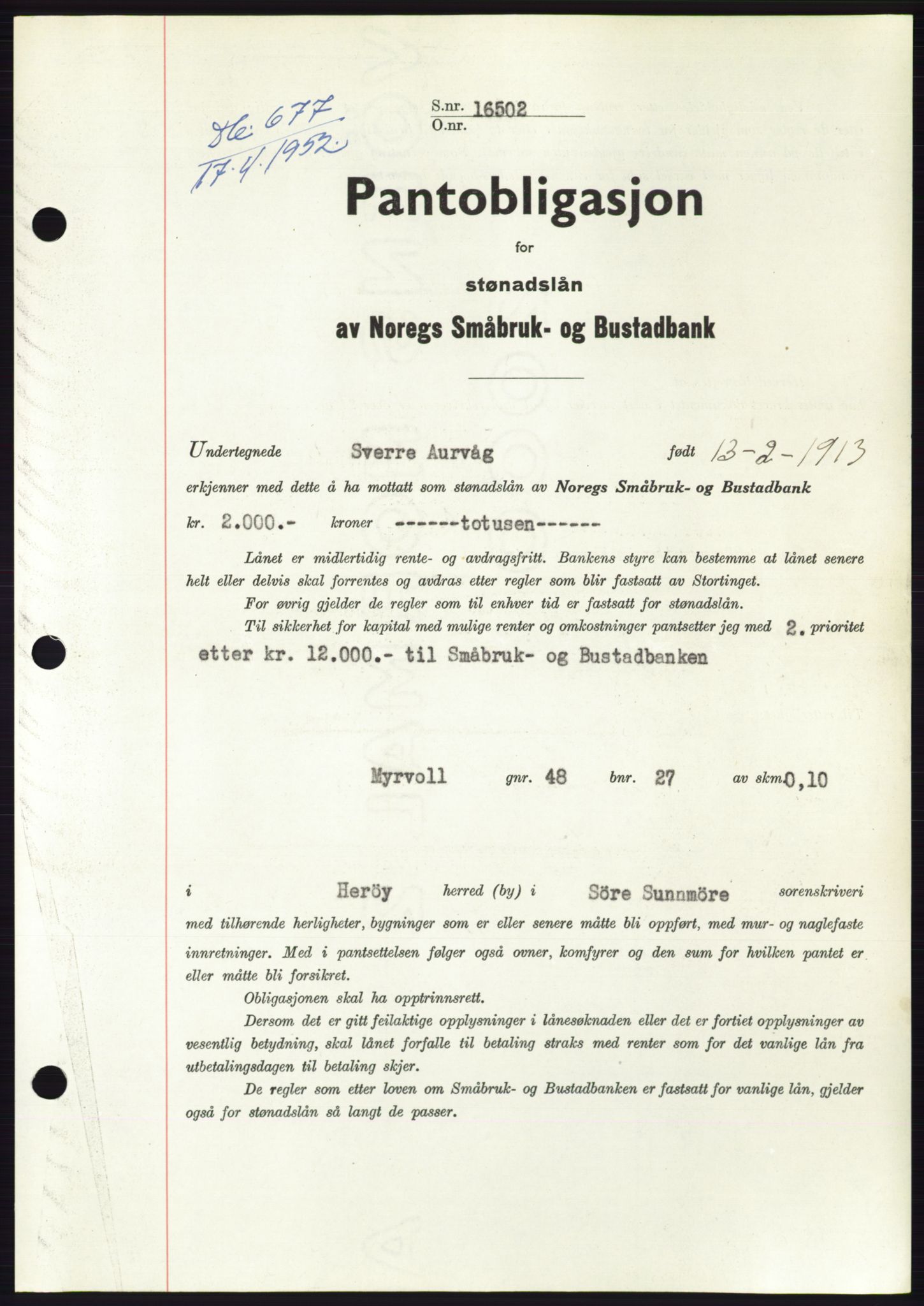 Søre Sunnmøre sorenskriveri, AV/SAT-A-4122/1/2/2C/L0121: Mortgage book no. 9B, 1951-1952, Diary no: : 677/1952