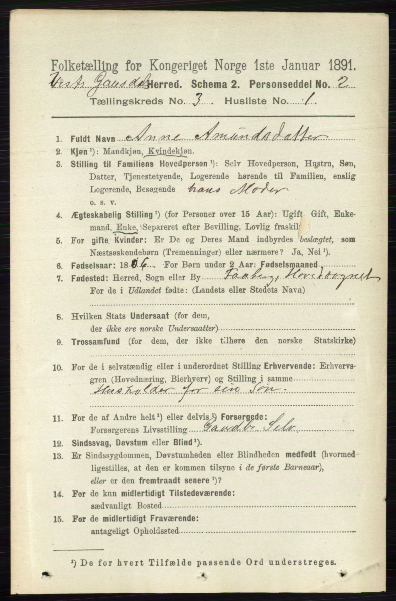 RA, 1891 census for 0523 Vestre Gausdal, 1891, p. 1255