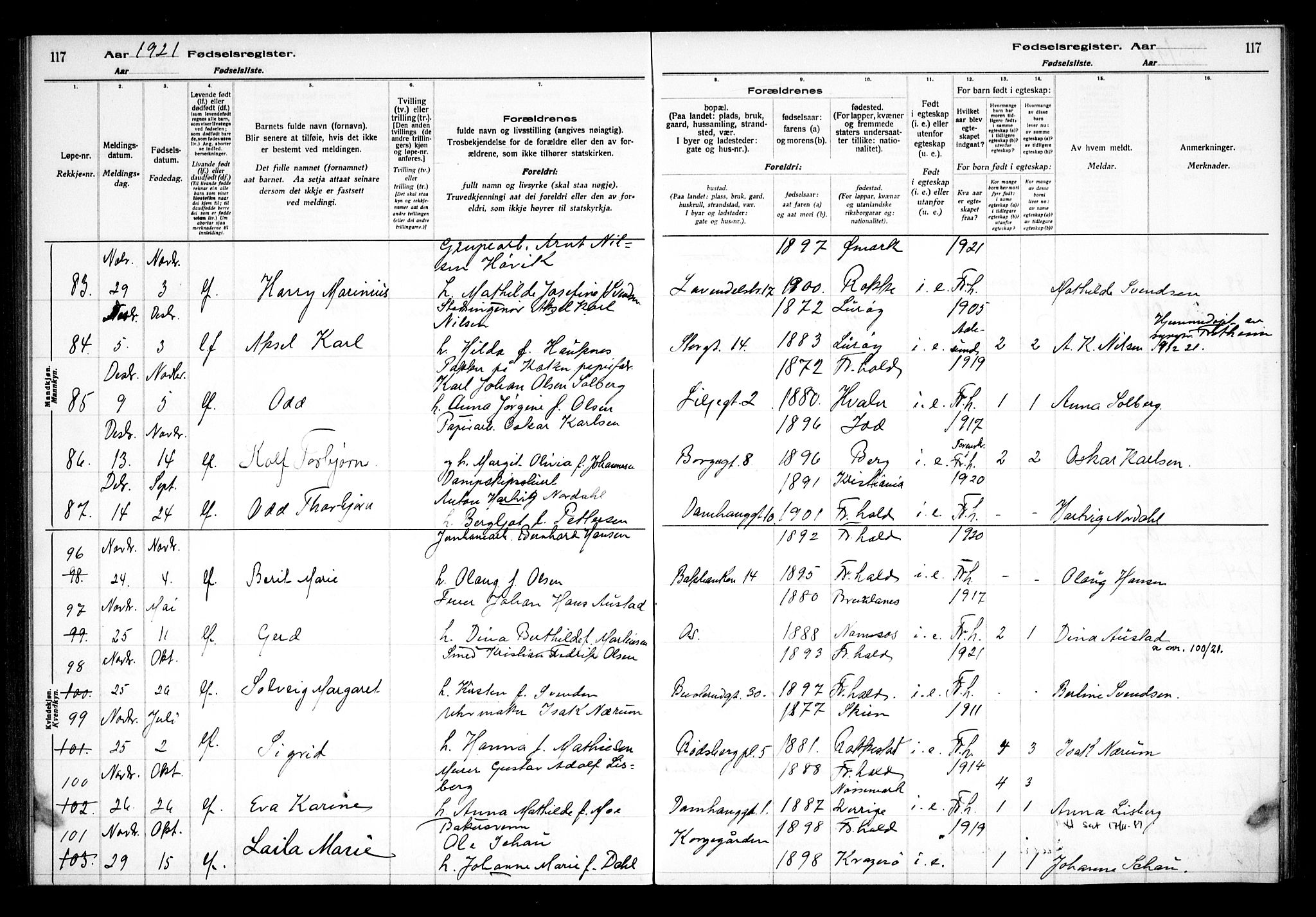 Halden prestekontor Kirkebøker, AV/SAO-A-10909/J/Ja/L0001: Birth register no. I 1, 1916-1925, p. 117