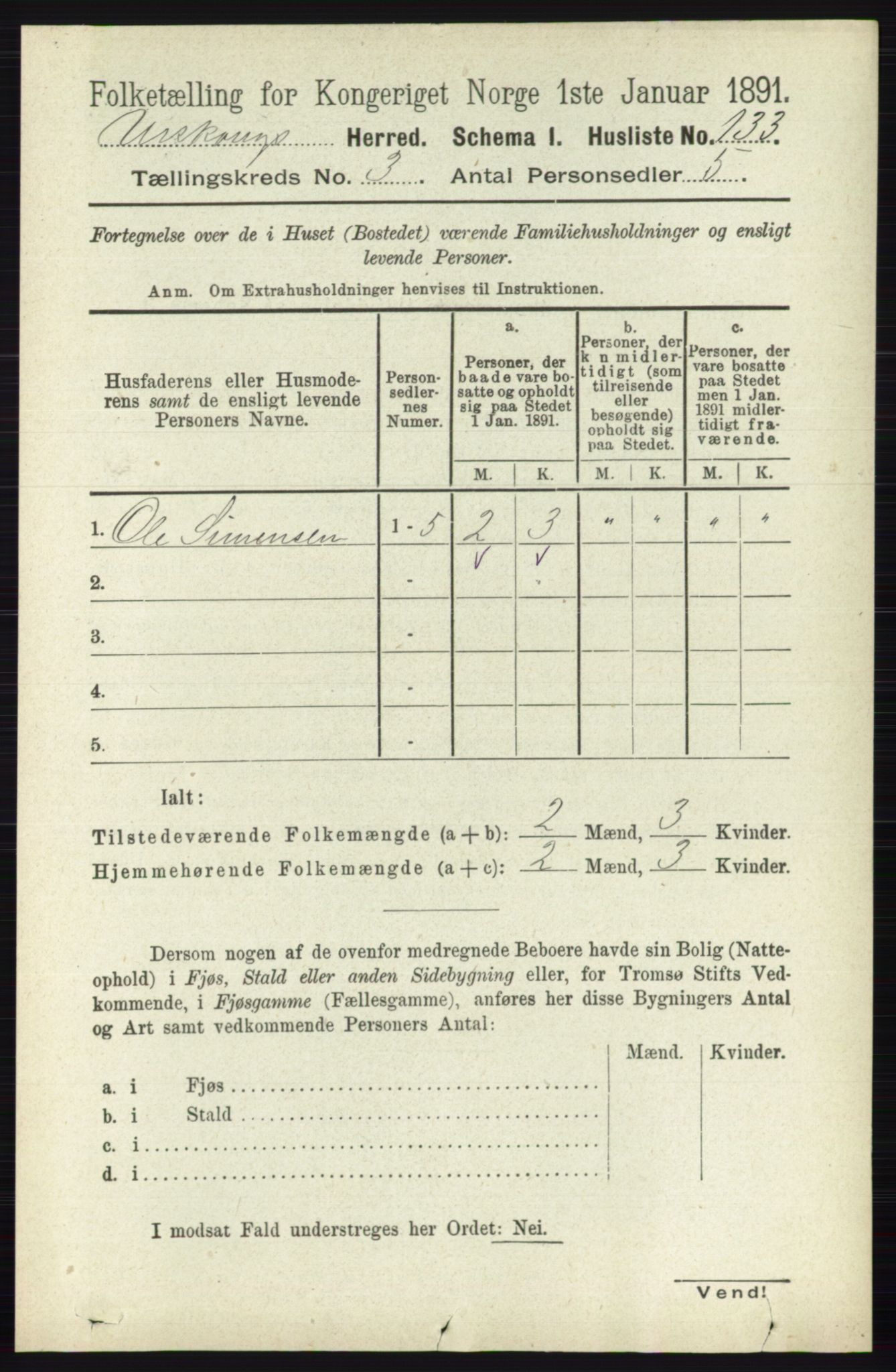 RA, 1891 census for 0224 Aurskog, 1891, p. 491