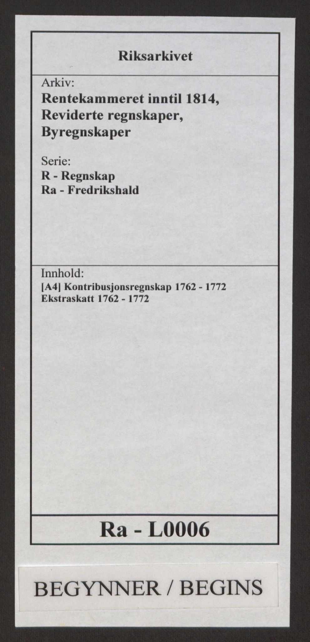 Rentekammeret inntil 1814, Reviderte regnskaper, Byregnskaper, RA/EA-4066/R/Ra/L0006/0001: [A4] Kontribusjonsregnskap / Ekstraskatt, 1762-1772, p. 1