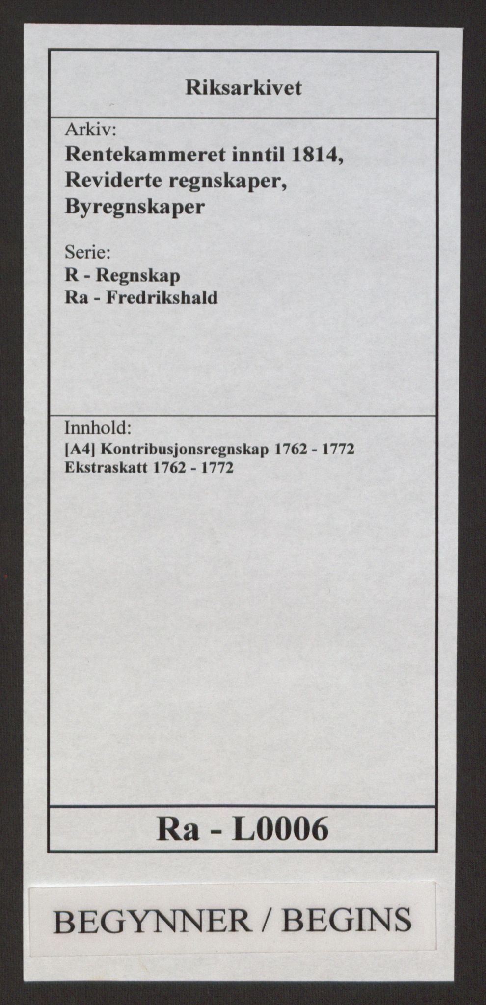 Rentekammeret inntil 1814, Reviderte regnskaper, Byregnskaper, AV/RA-EA-4066/R/Ra/L0006/0001: [A4] Kontribusjonsregnskap / Ekstraskatt, 1762-1772, p. 1