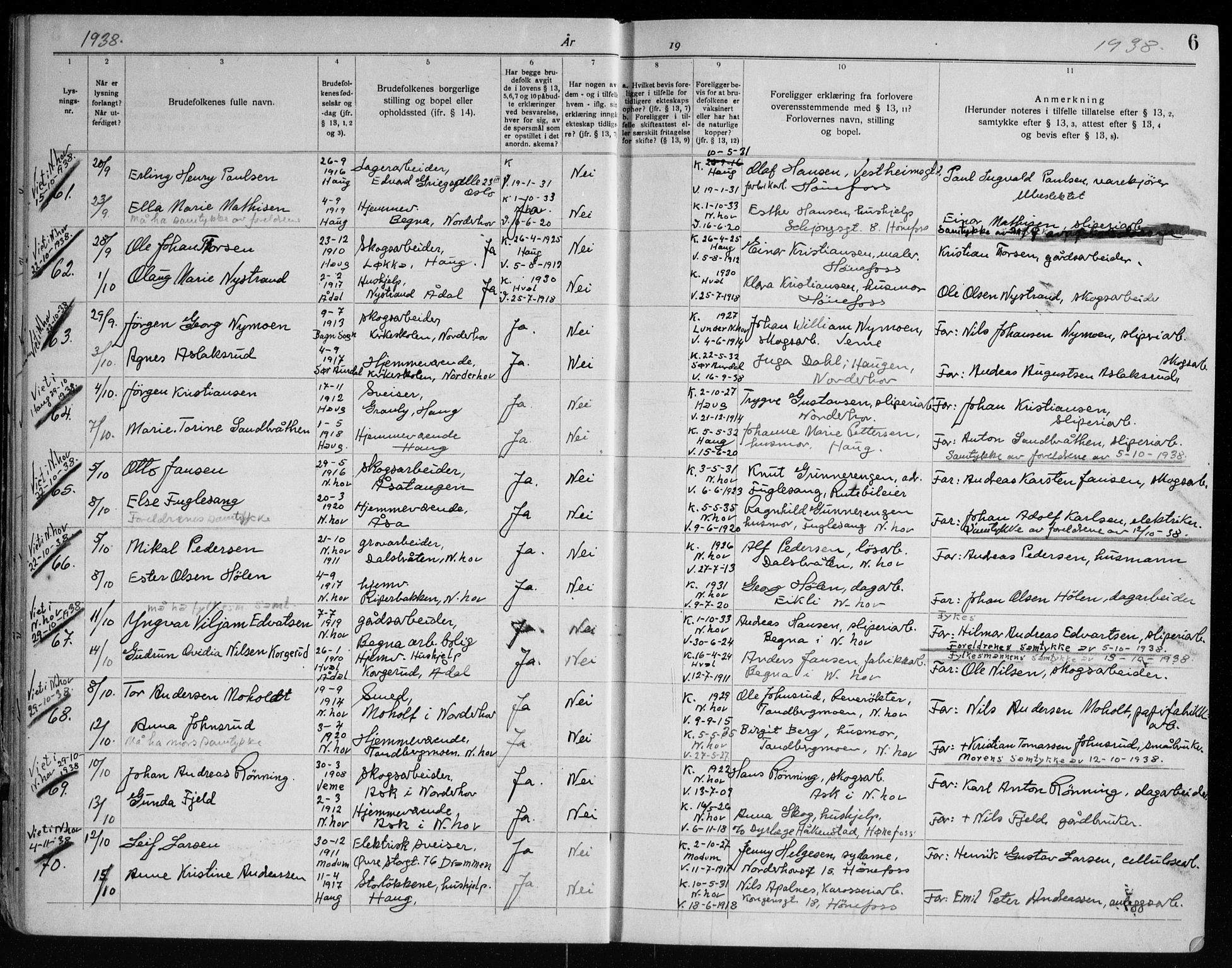 Norderhov kirkebøker, AV/SAKO-A-237/H/Ha/L0005: Banns register no. 5, 1938-1954, p. 6