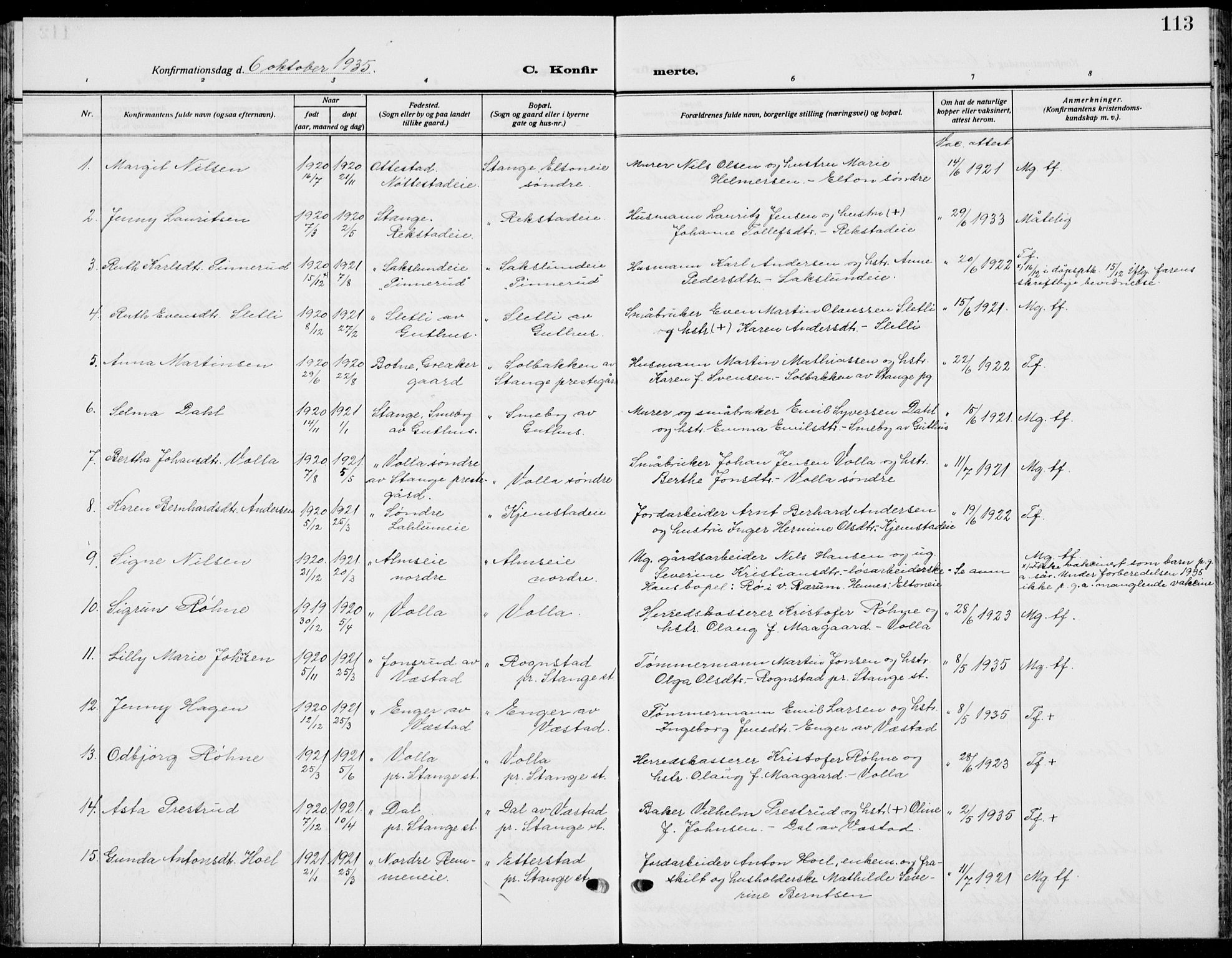 Stange prestekontor, AV/SAH-PREST-002/L/L0018: Parish register (copy) no. 18, 1929-1937, p. 113