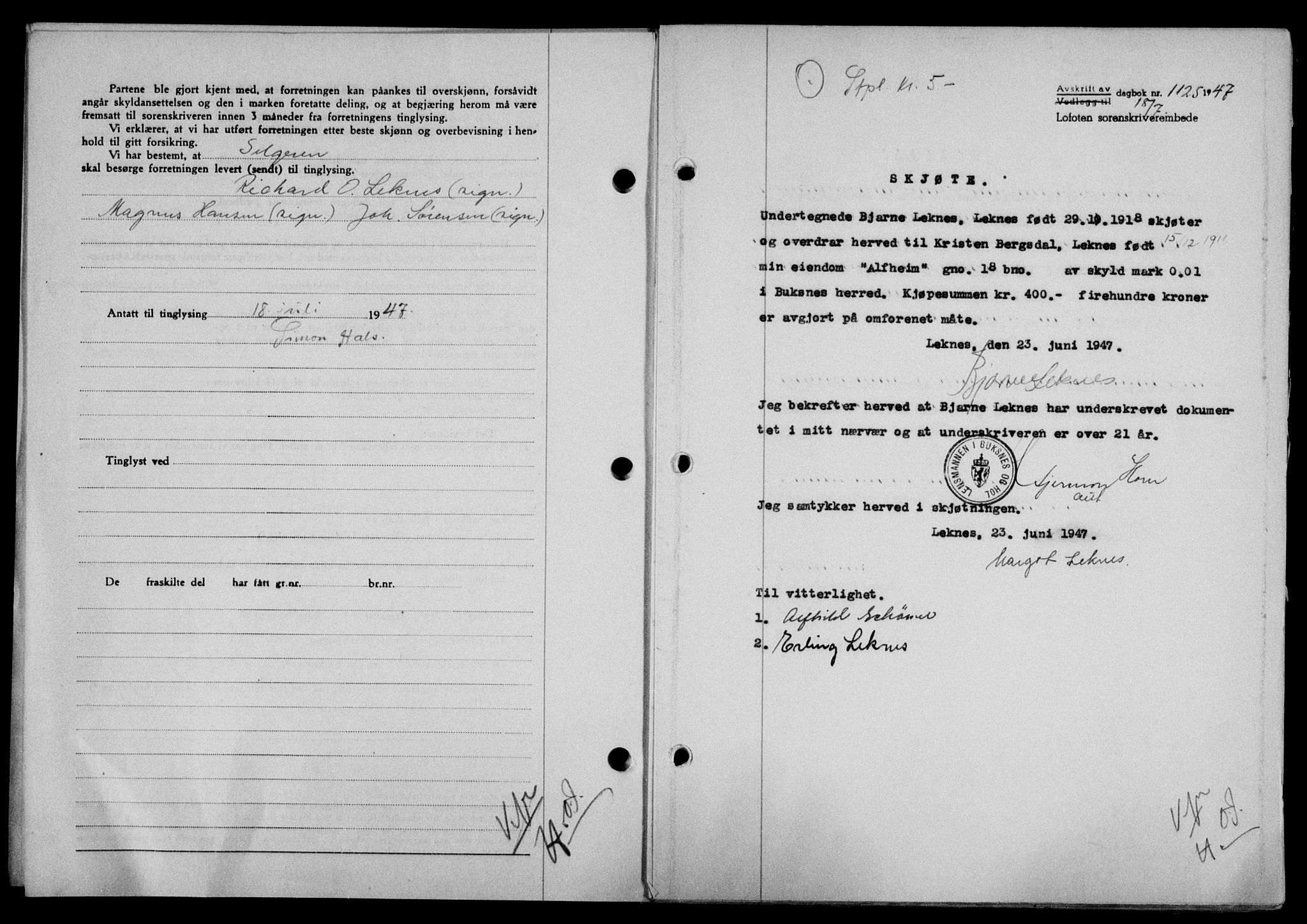 Lofoten sorenskriveri, SAT/A-0017/1/2/2C/L0016a: Mortgage book no. 16a, 1947-1947, Diary no: : 1125/1947