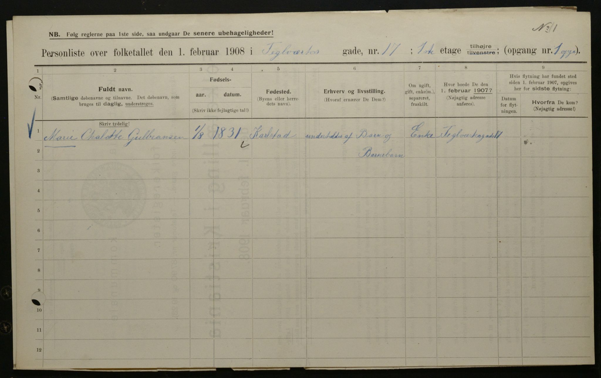 OBA, Municipal Census 1908 for Kristiania, 1908, p. 96684