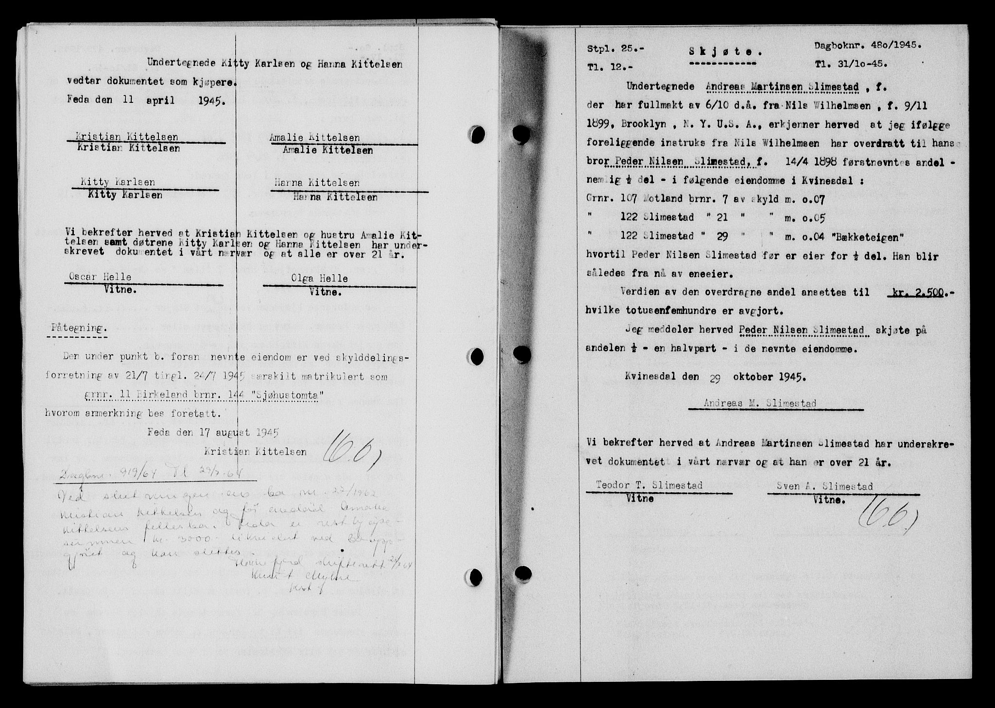 Flekkefjord sorenskriveri, AV/SAK-1221-0001/G/Gb/Gba/L0060: Mortgage book no. A-8, 1945-1946, Diary no: : 480/1945