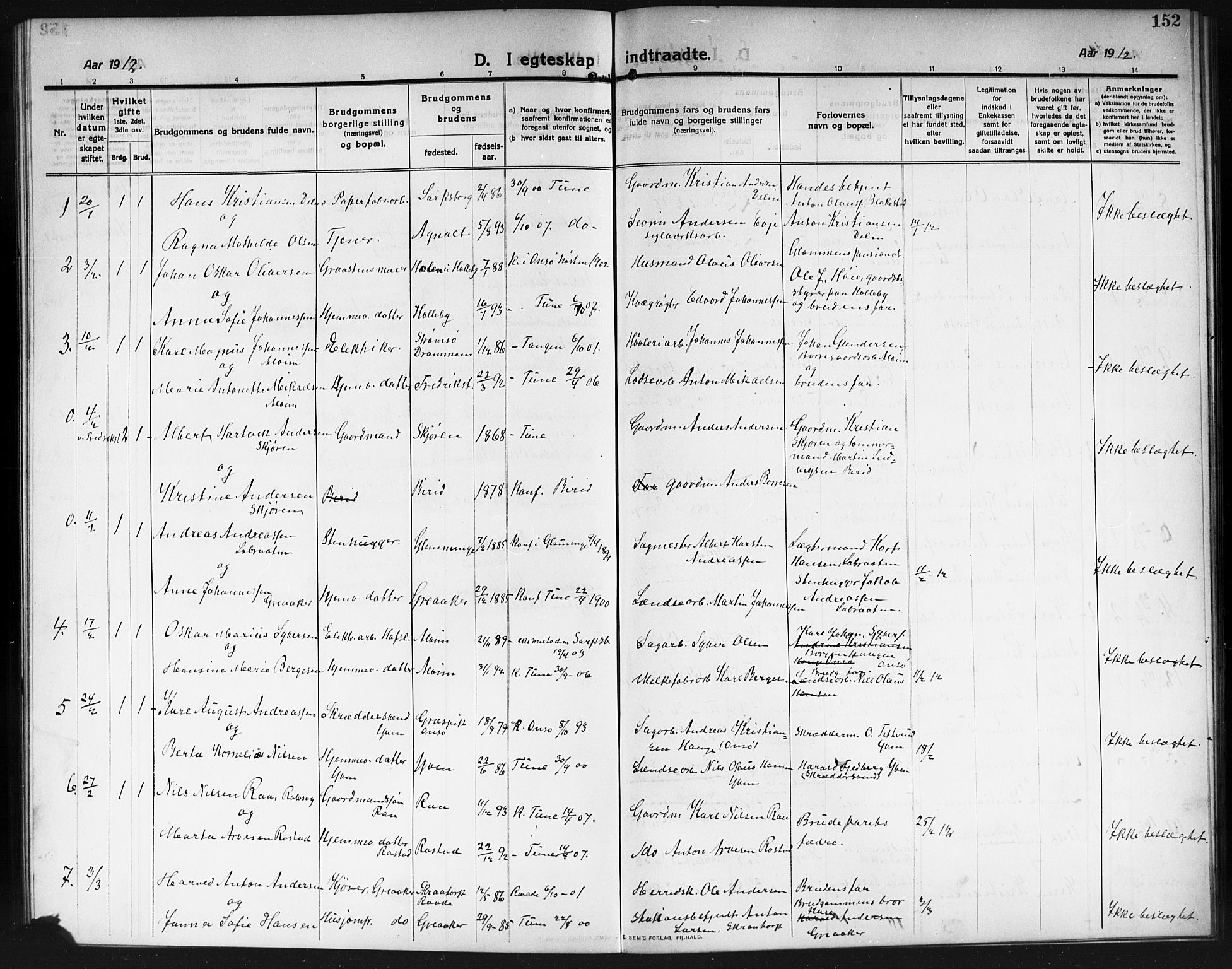 Tune prestekontor Kirkebøker, AV/SAO-A-2007/G/Ga/L0002: Parish register (copy) no. I 2, 1910-1913, p. 152