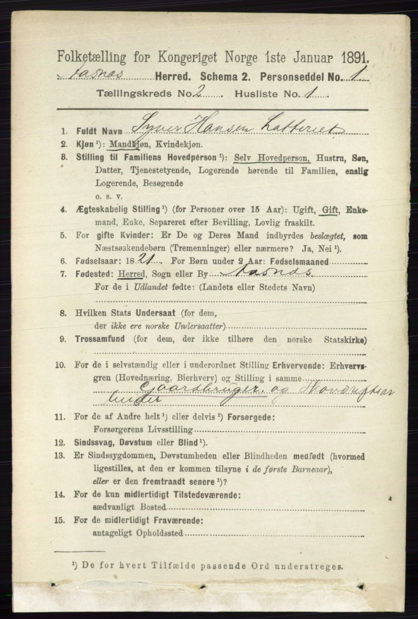 RA, 1891 census for 0425 Åsnes, 1891, p. 645