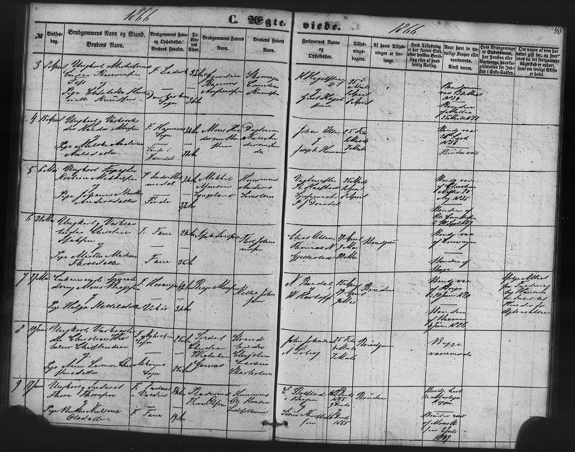 St. Jørgens hospital og Årstad sokneprestembete, AV/SAB-A-99934: Parish register (copy) no. A 7, 1854-1886, p. 45