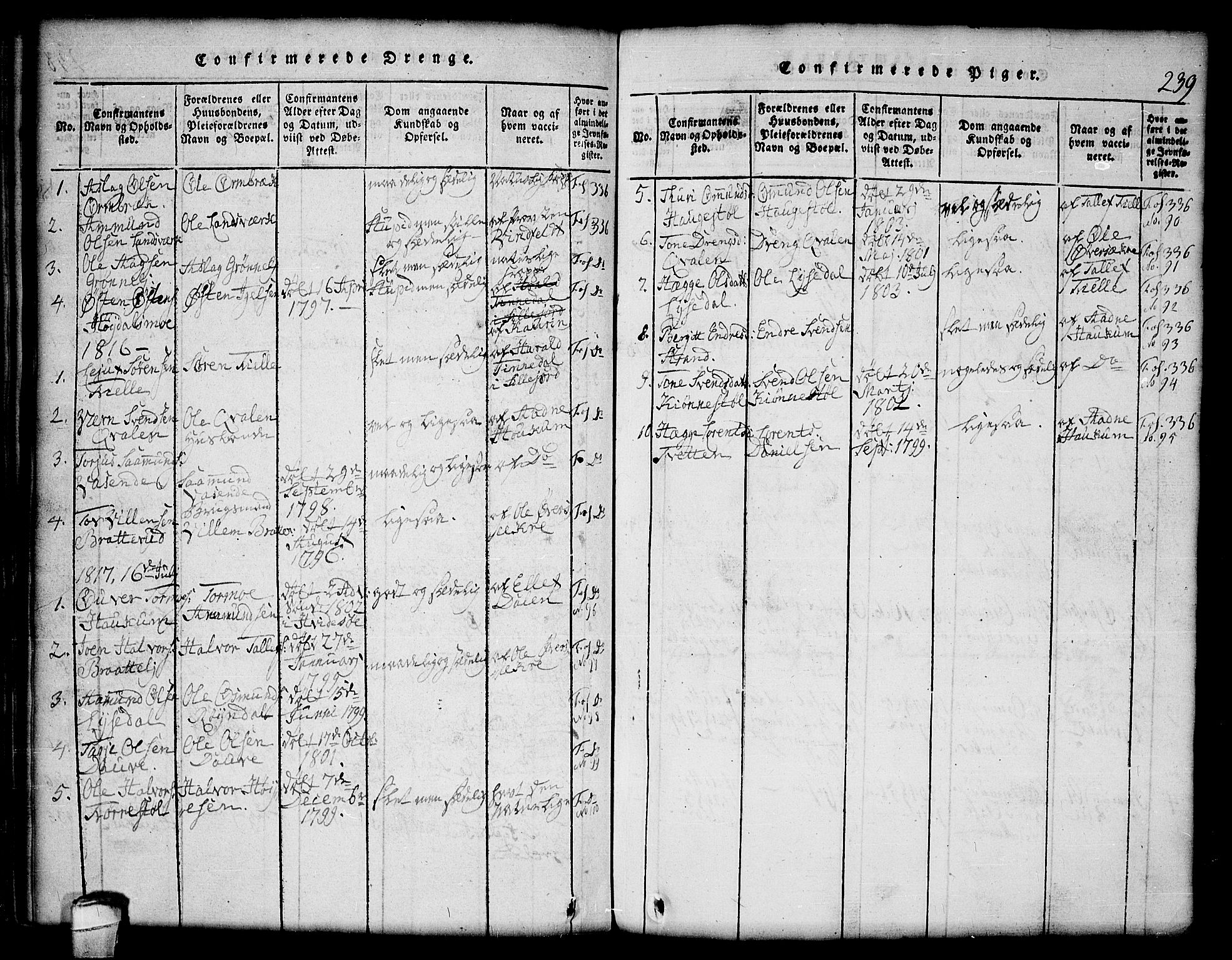 Lårdal kirkebøker, SAKO/A-284/G/Gc/L0001: Parish register (copy) no. III 1, 1815-1854, p. 239