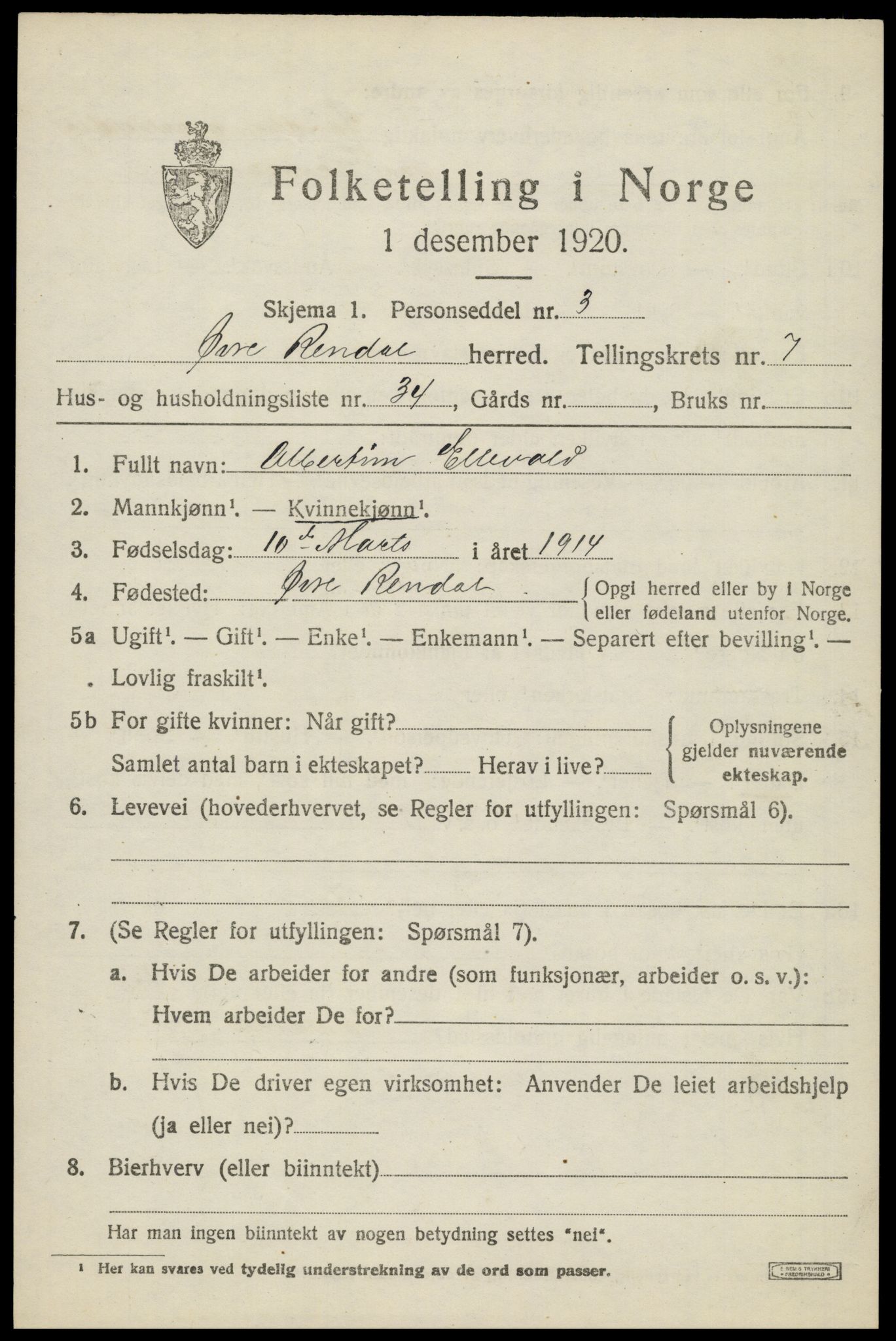 SAH, 1920 census for Øvre Rendal, 1920, p. 2823