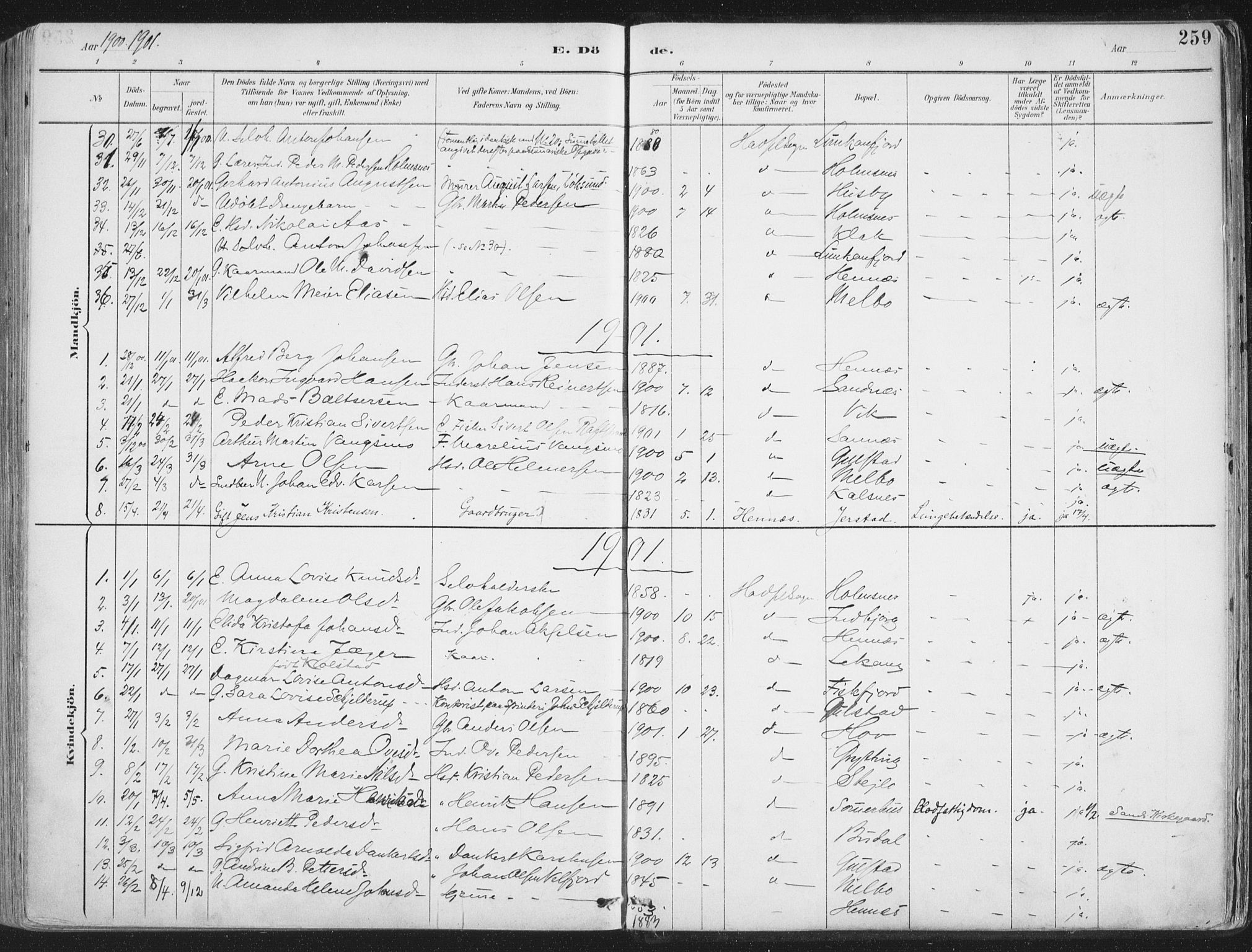 Ministerialprotokoller, klokkerbøker og fødselsregistre - Nordland, SAT/A-1459/888/L1246: Parish register (official) no. 888A12, 1891-1903, p. 259