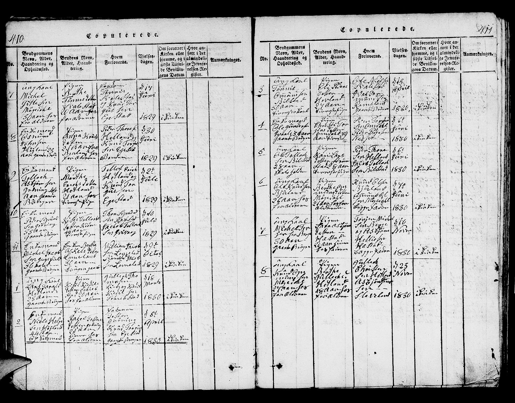 Helleland sokneprestkontor, AV/SAST-A-101810: Parish register (copy) no. B 1, 1815-1841, p. 410-411