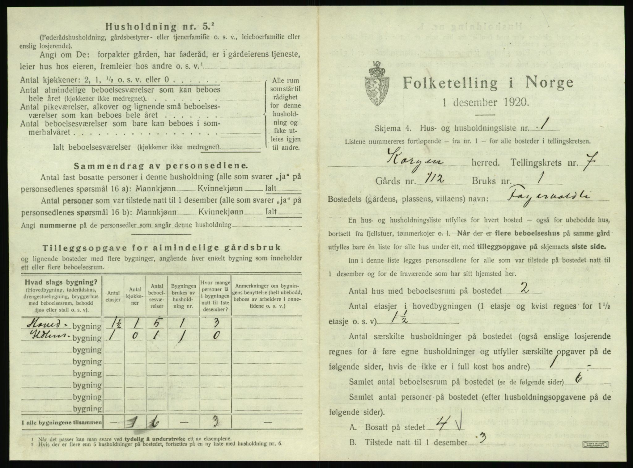 SAT, 1920 census for Korgen, 1920, p. 424