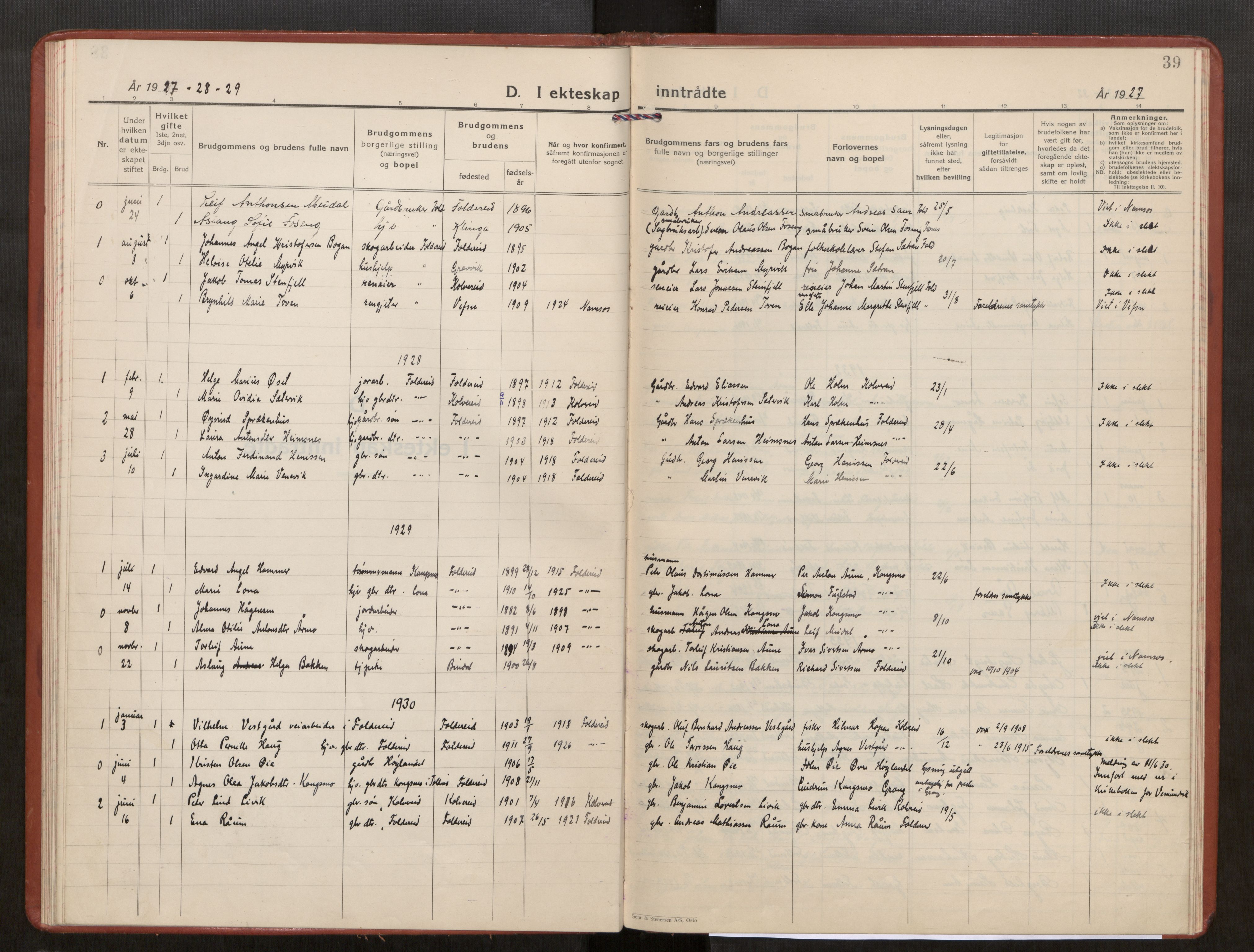 Kolvereid sokneprestkontor, SAT/A-1171/H/Ha/Haa/L0003: Parish register (official) no. 3, 1927-1935, p. 39