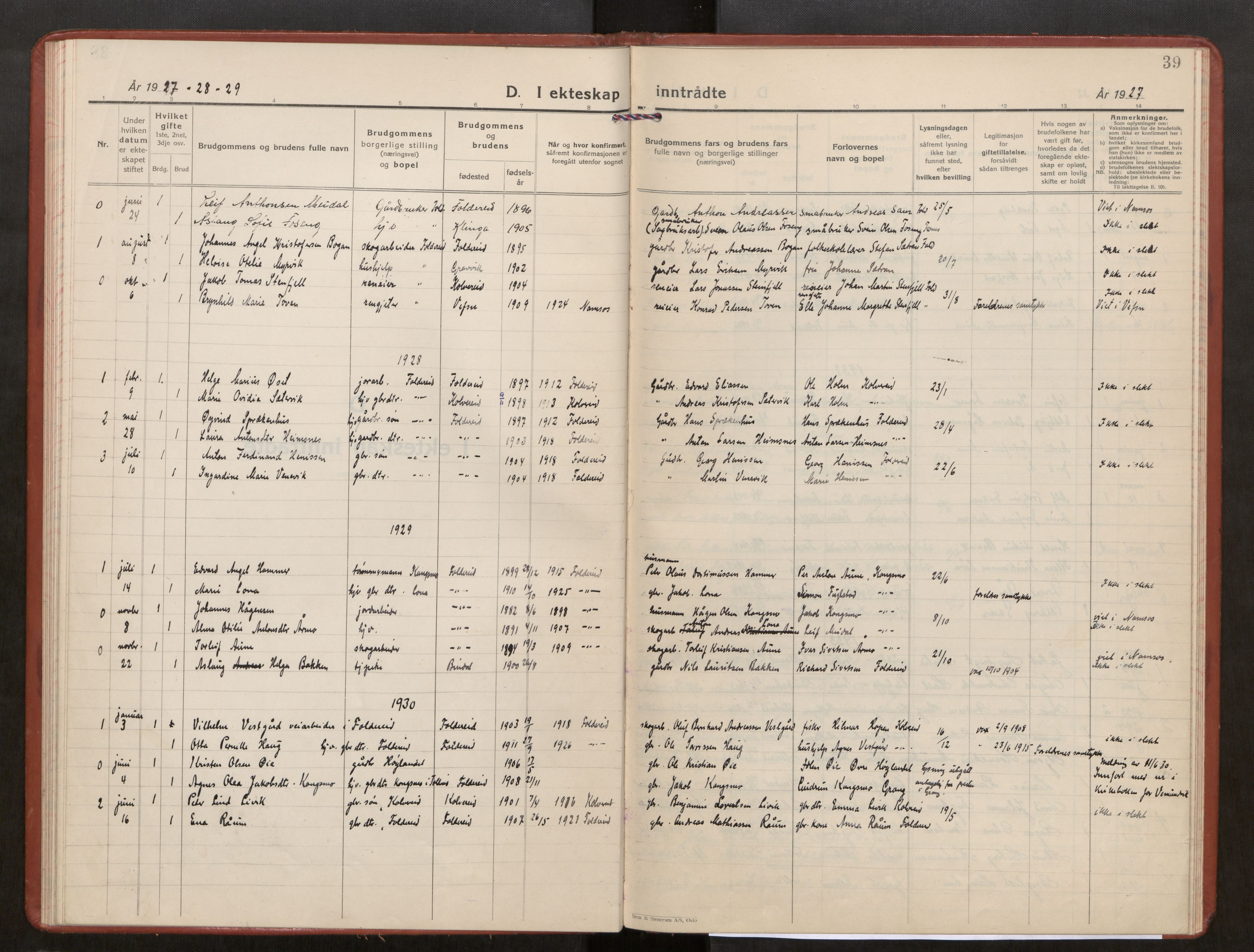 Kolvereid sokneprestkontor, AV/SAT-A-1171/H/Ha/Haa/L0003: Parish register (official) no. 3, 1927-1935, p. 39