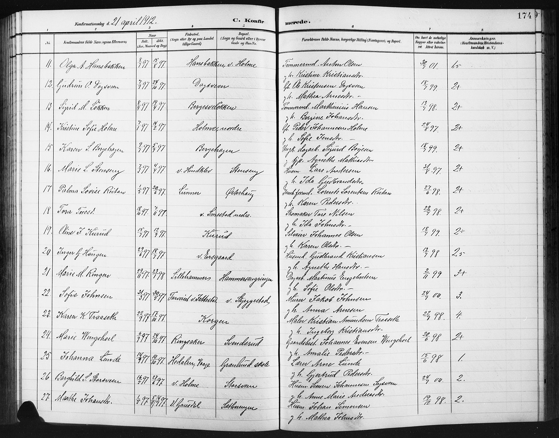 Fåberg prestekontor, SAH/PREST-086/H/Ha/Hab/L0012: Parish register (copy) no. 12, 1903-1924, p. 174
