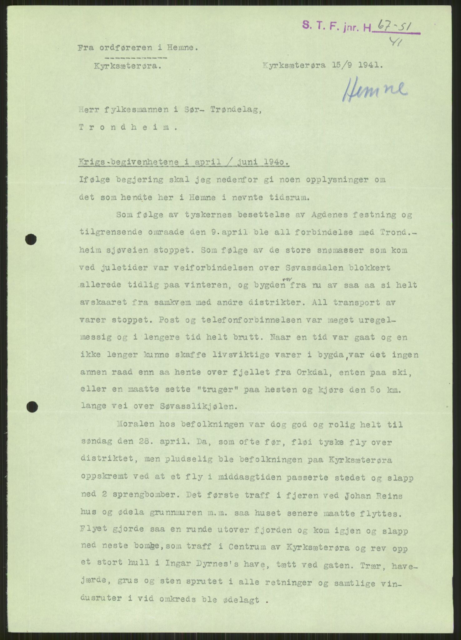 Forsvaret, Forsvarets krigshistoriske avdeling, AV/RA-RAFA-2017/Y/Ya/L0016: II-C-11-31 - Fylkesmenn.  Rapporter om krigsbegivenhetene 1940., 1940, p. 64