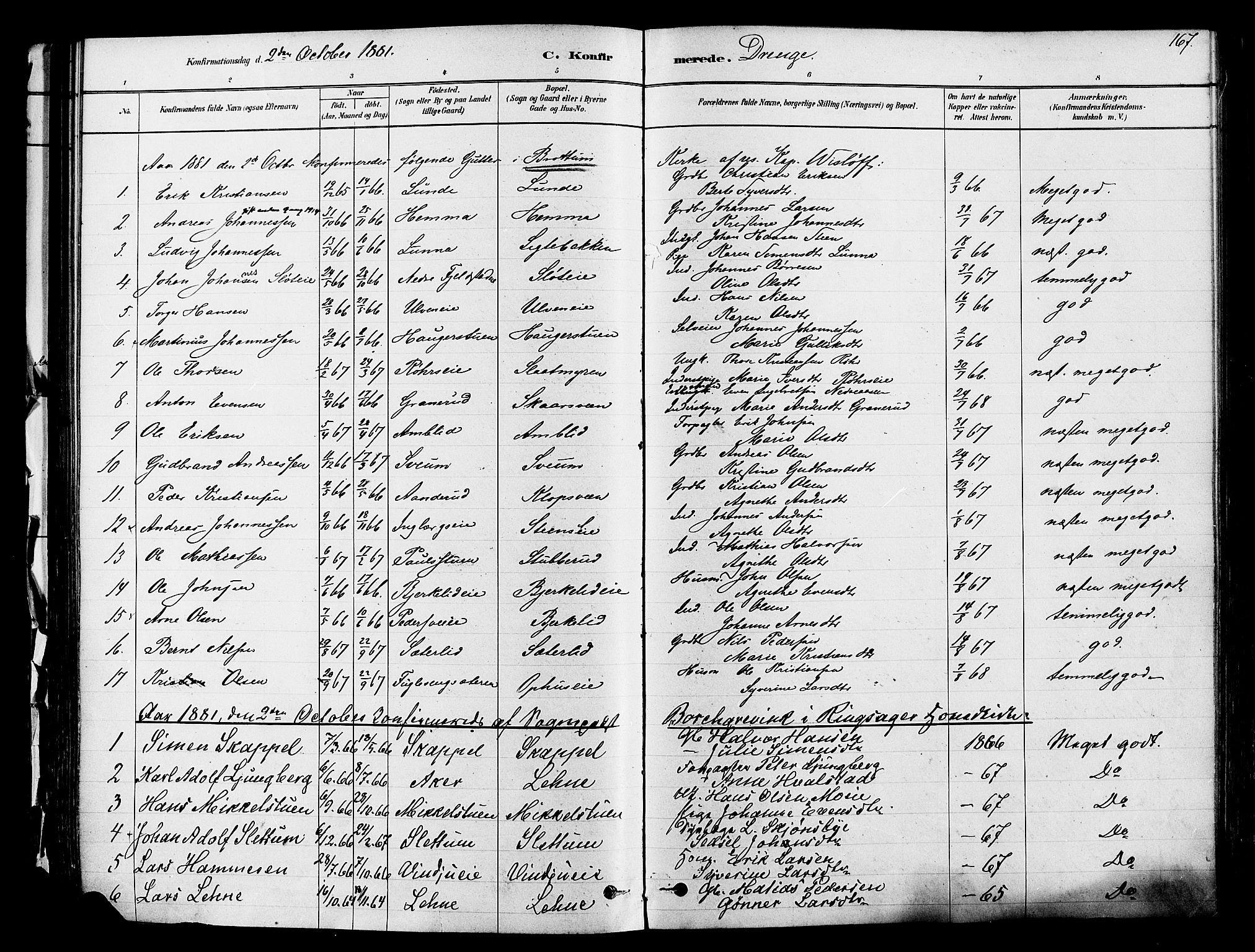 Ringsaker prestekontor, SAH/PREST-014/K/Ka/L0012: Parish register (official) no. 12, 1879-1890, p. 167
