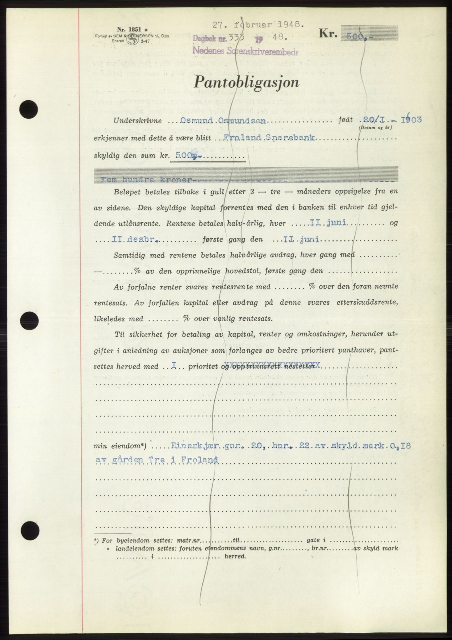 Nedenes sorenskriveri, AV/SAK-1221-0006/G/Gb/Gbb/L0005: Mortgage book no. B5, 1948-1948, Diary no: : 333/1948