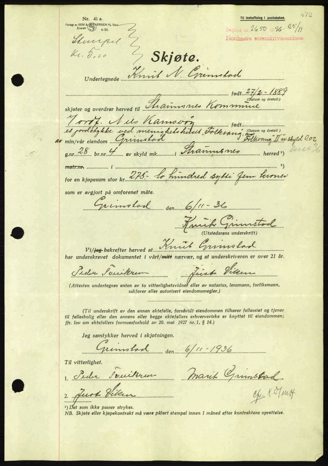 Nordmøre sorenskriveri, AV/SAT-A-4132/1/2/2Ca: Mortgage book no. A80, 1936-1937, Diary no: : 2650/1936