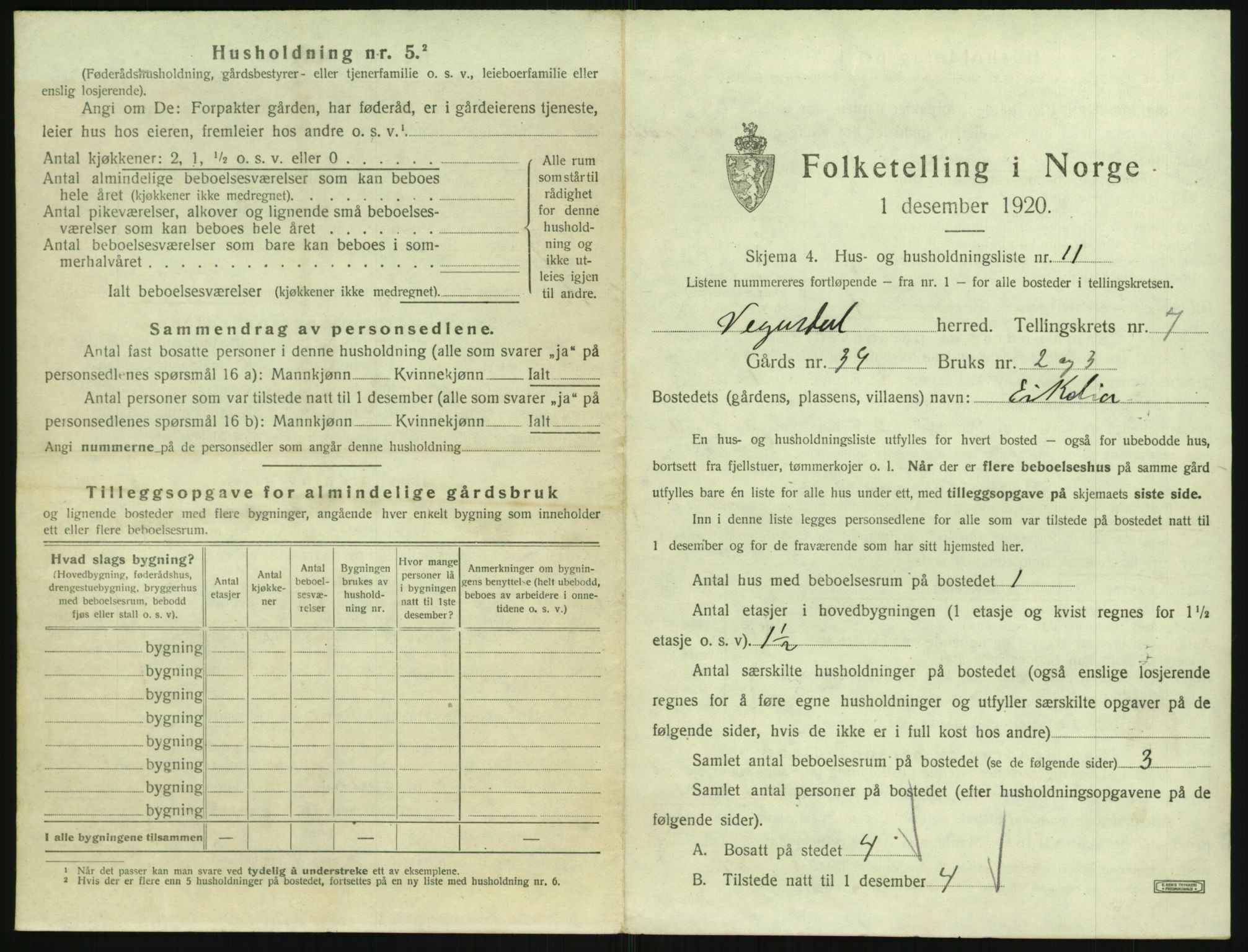 SAK, 1920 census for Vegusdal, 1920, p. 295