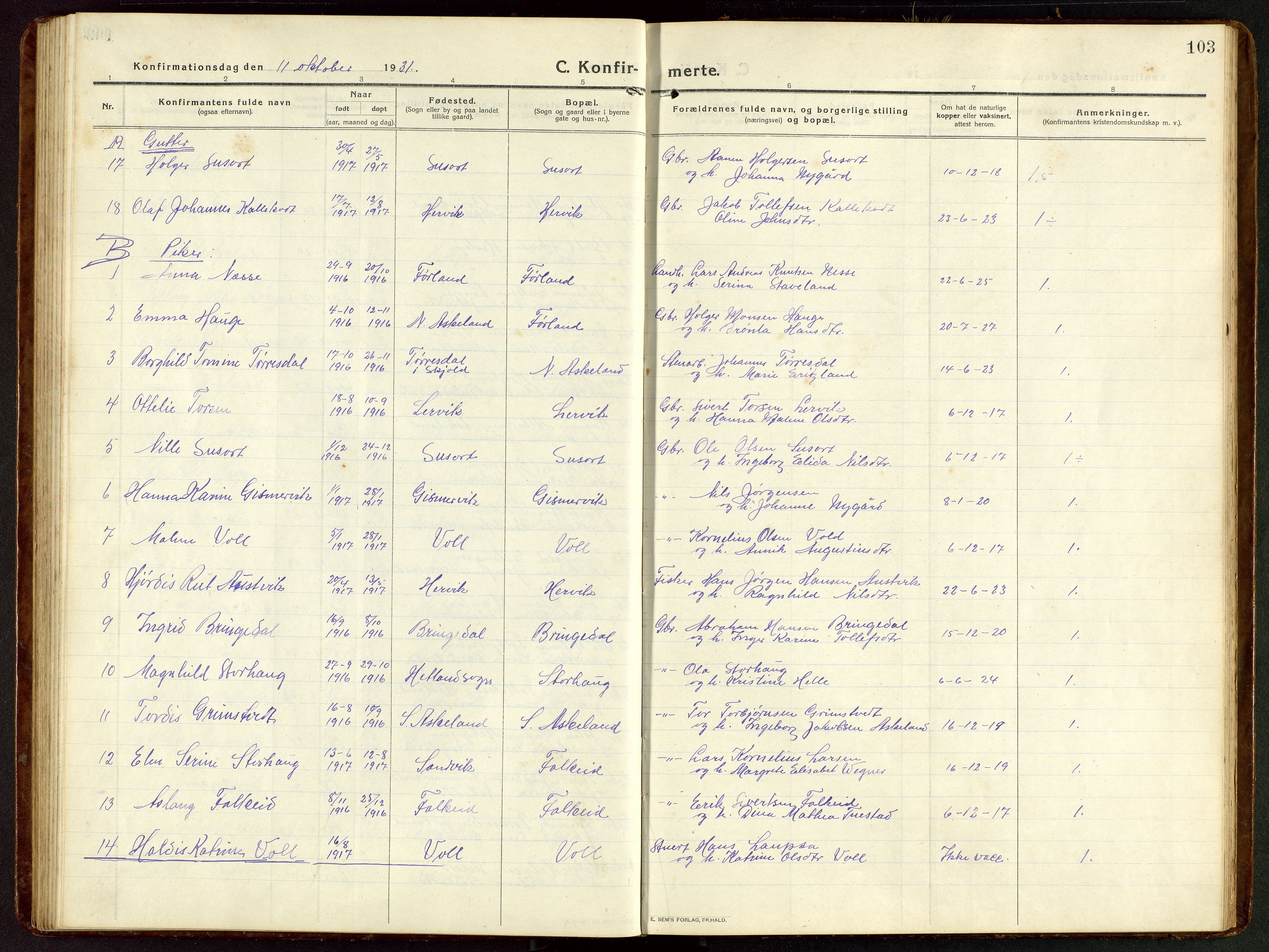 Tysvær sokneprestkontor, SAST/A -101864/H/Ha/Hab/L0011: Parish register (copy) no. B 11, 1913-1946, p. 103