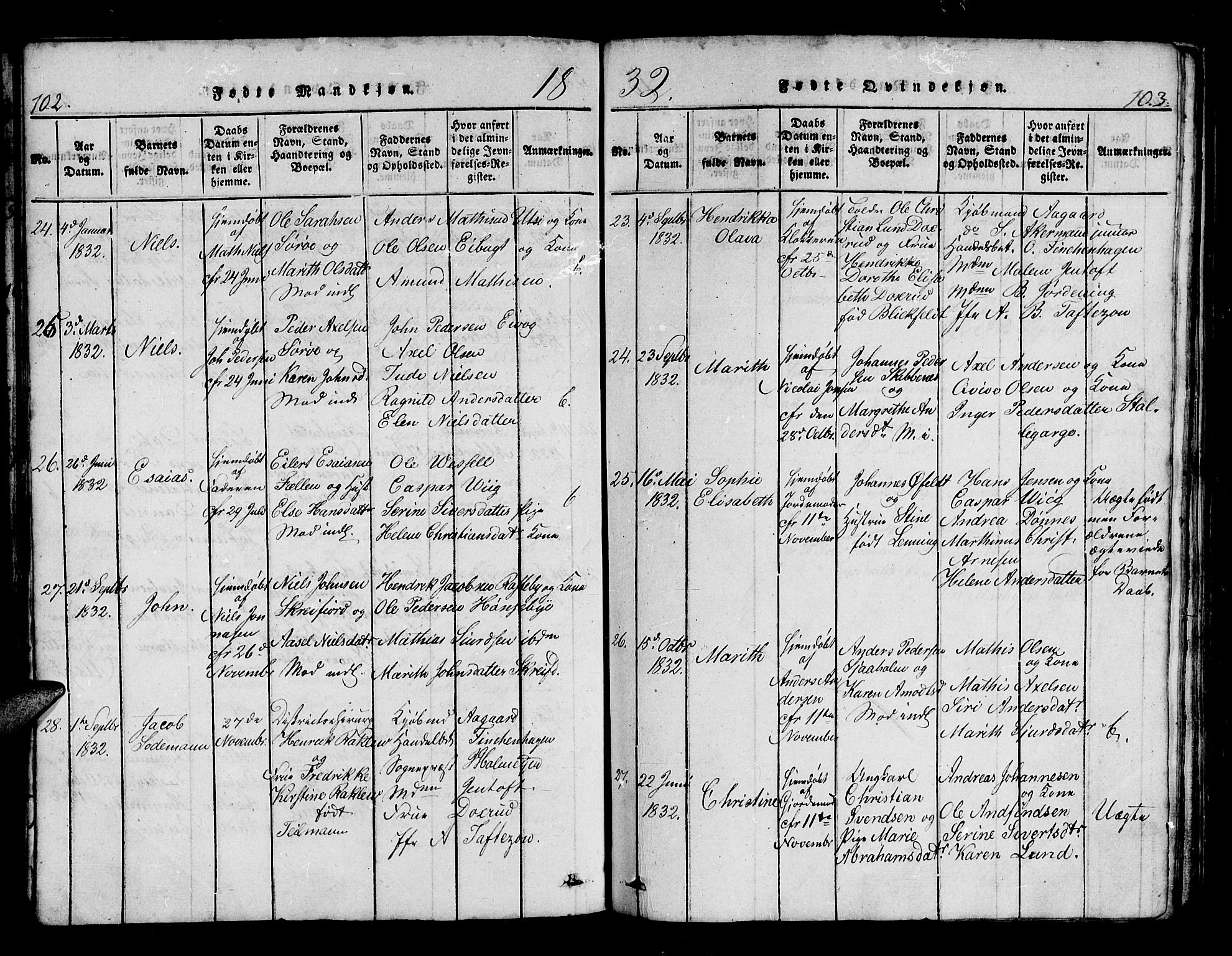 Hammerfest sokneprestkontor, AV/SATØ-S-1347/H/Hb/L0001.klokk: Parish register (copy) no. 1, 1822-1850, p. 102-103