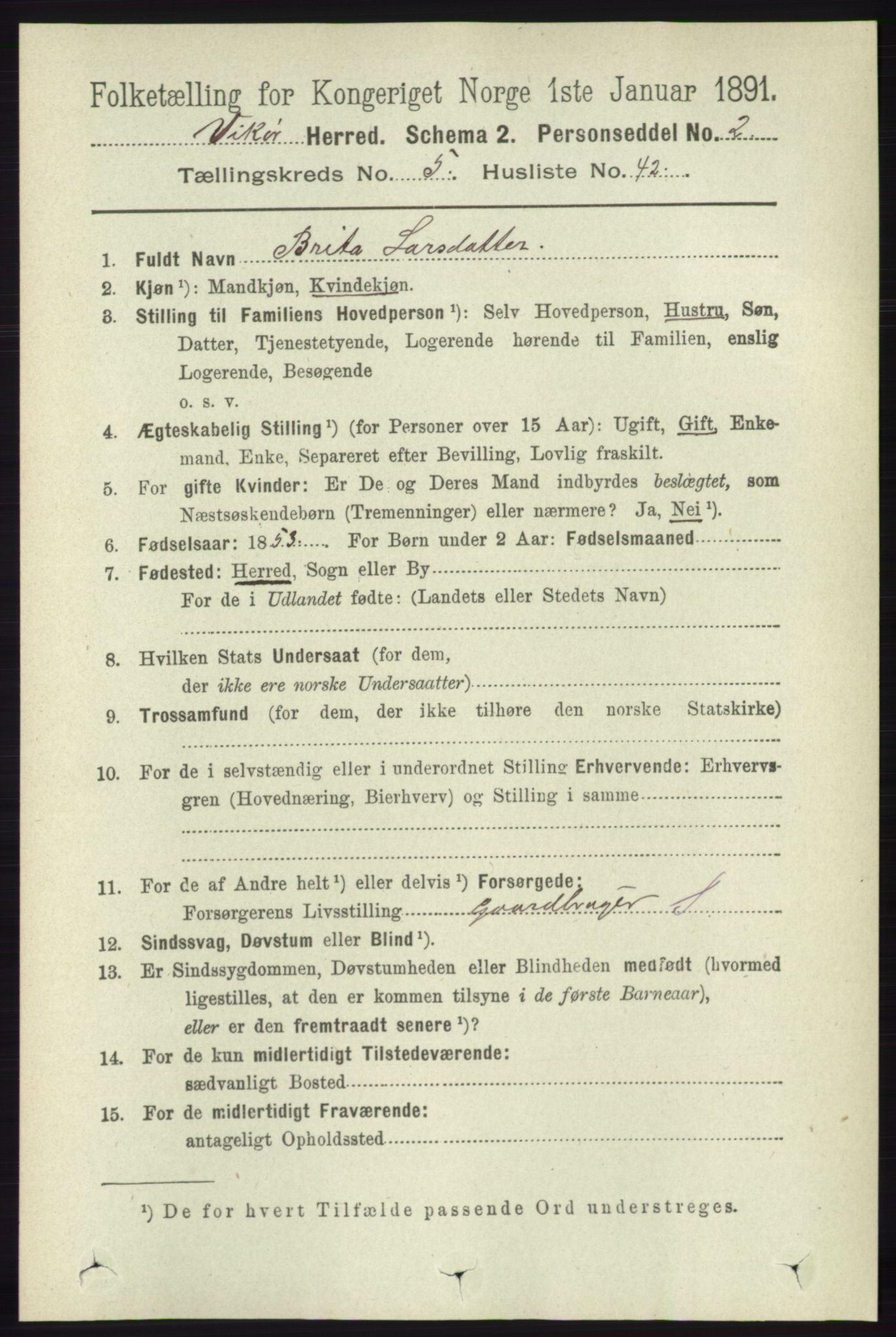 RA, 1891 census for 1238 Vikør, 1891, p. 1629