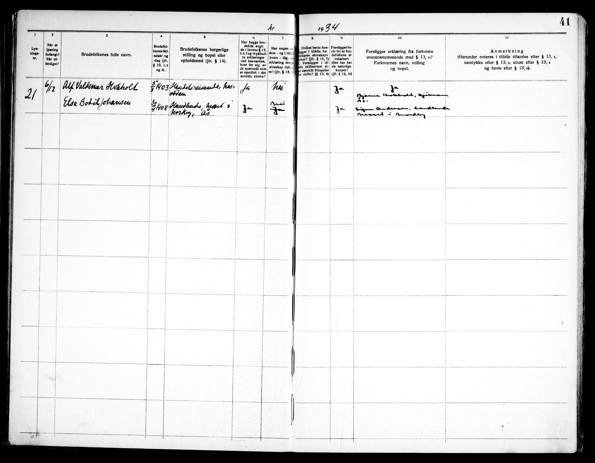 Ås prestekontor Kirkebøker, SAO/A-10894/H/Ha/L0001: Banns register no. 1, 1919-1946, p. 41