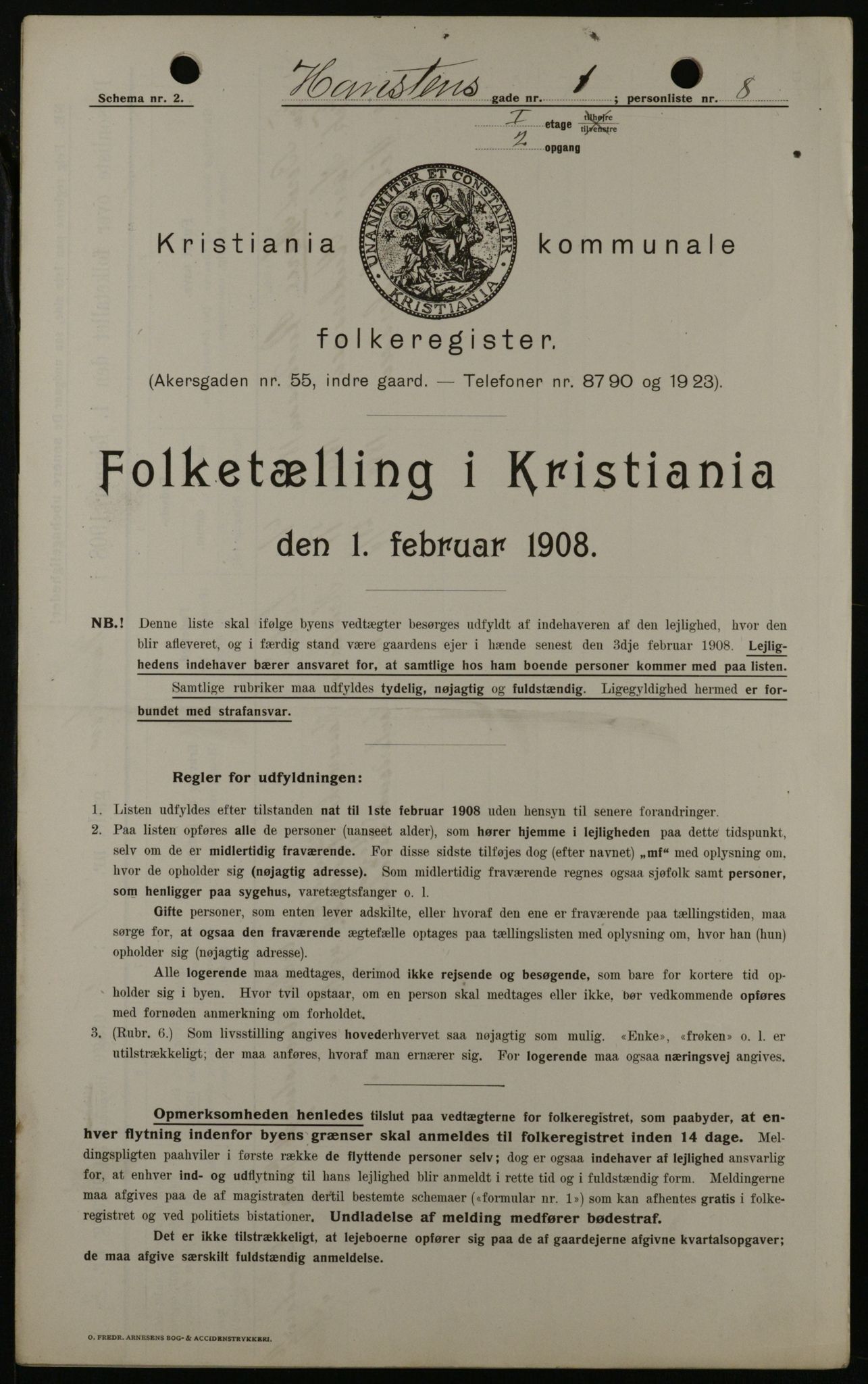 OBA, Municipal Census 1908 for Kristiania, 1908, p. 31316