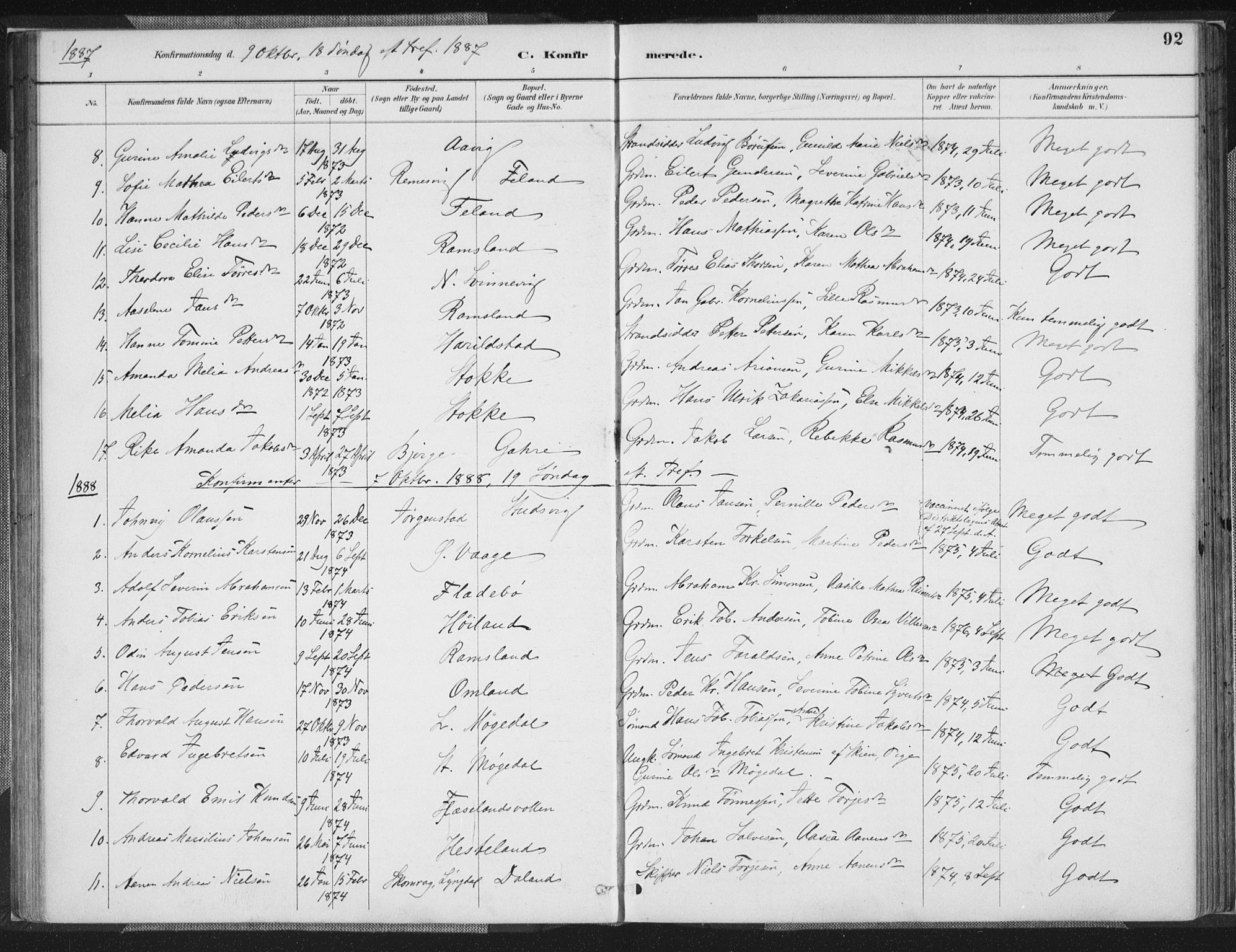 Sør-Audnedal sokneprestkontor, SAK/1111-0039/F/Fa/Faa/L0004: Parish register (official) no. A 4, 1884-1909, p. 92