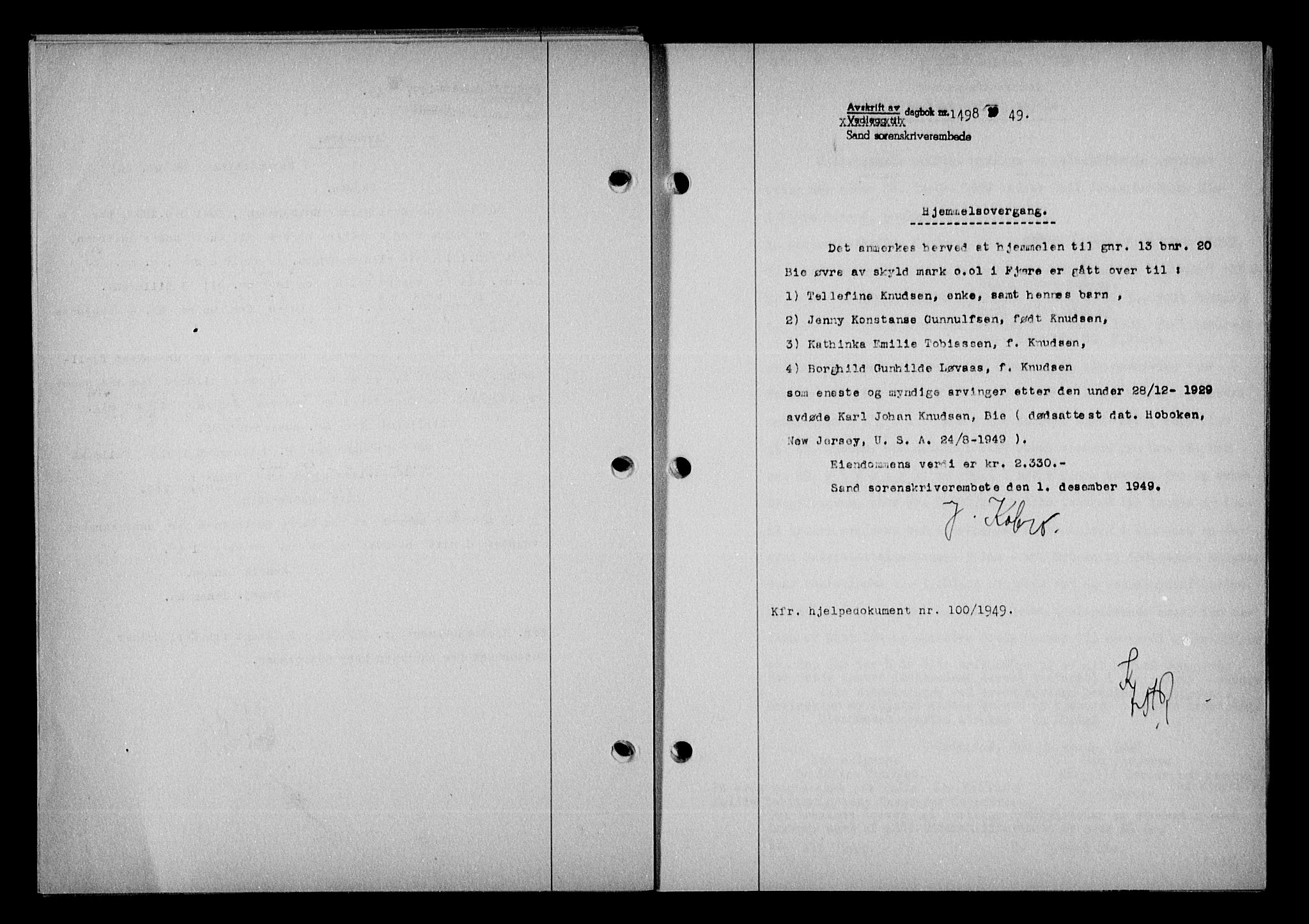 Vestre Nedenes/Sand sorenskriveri, SAK/1221-0010/G/Gb/Gba/L0059: Mortgage book no. A 12, 1949-1950, Diary no: : 1498/1949