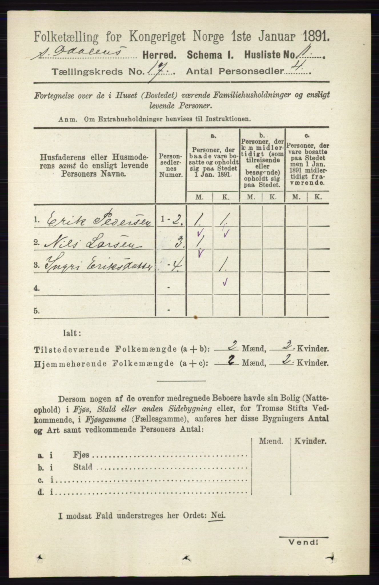 RA, 1891 census for 0419 Sør-Odal, 1891, p. 7791