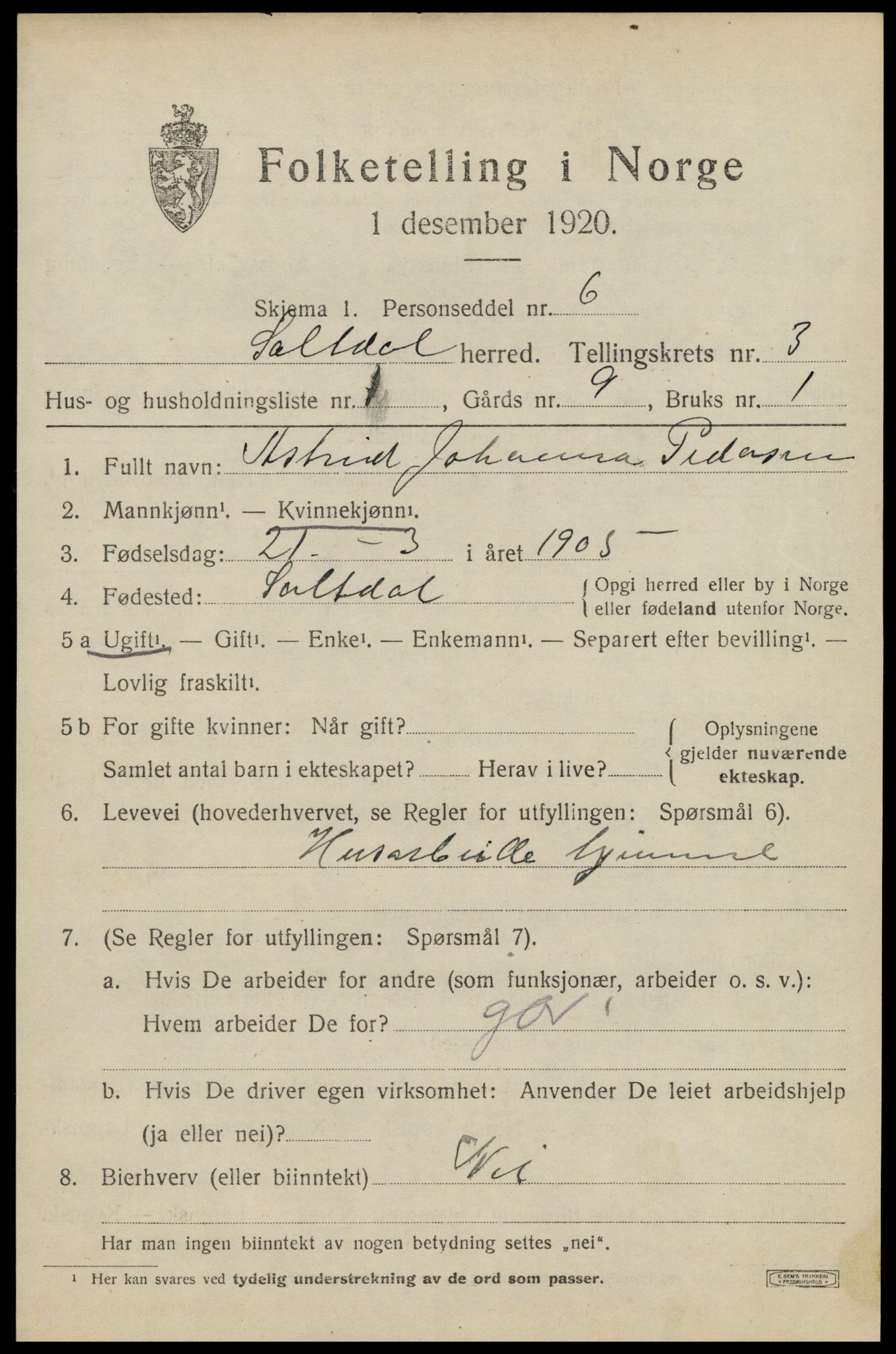 SAT, 1920 census for Saltdal, 1920, p. 4371