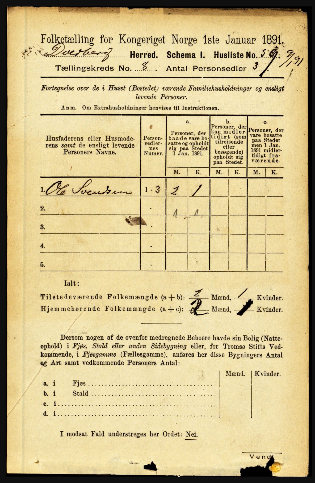 RA, 1891 census for 1872 Dverberg, 1891, p. 3107