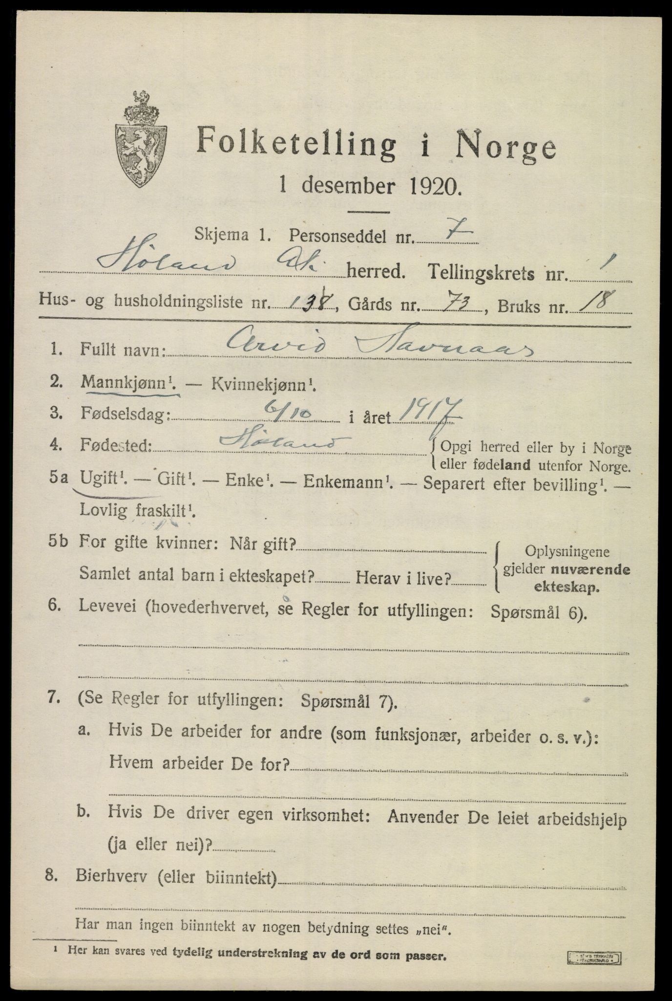 SAO, 1920 census for Høland, 1920, p. 3691