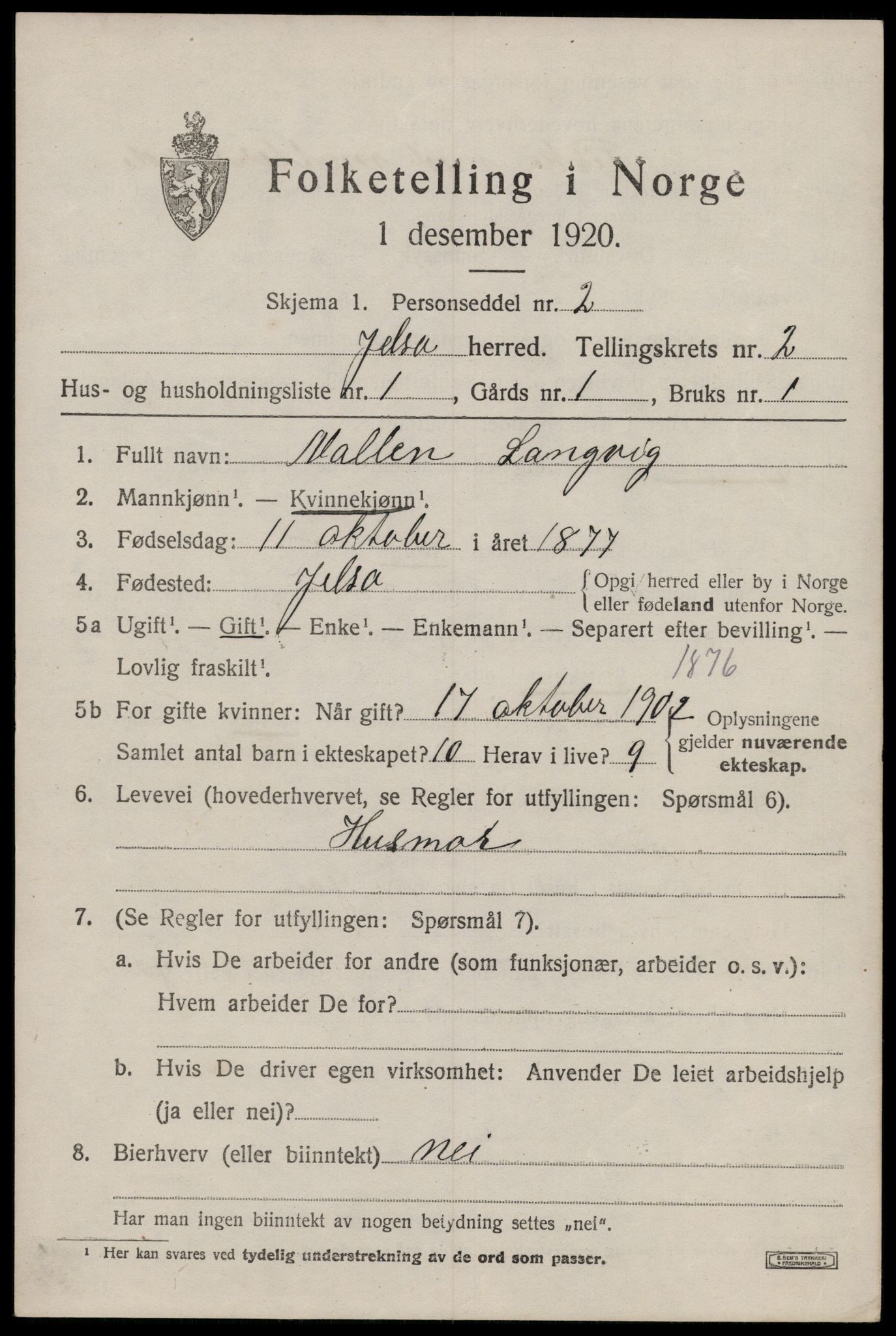 SAST, 1920 census for Jelsa, 1920, p. 820